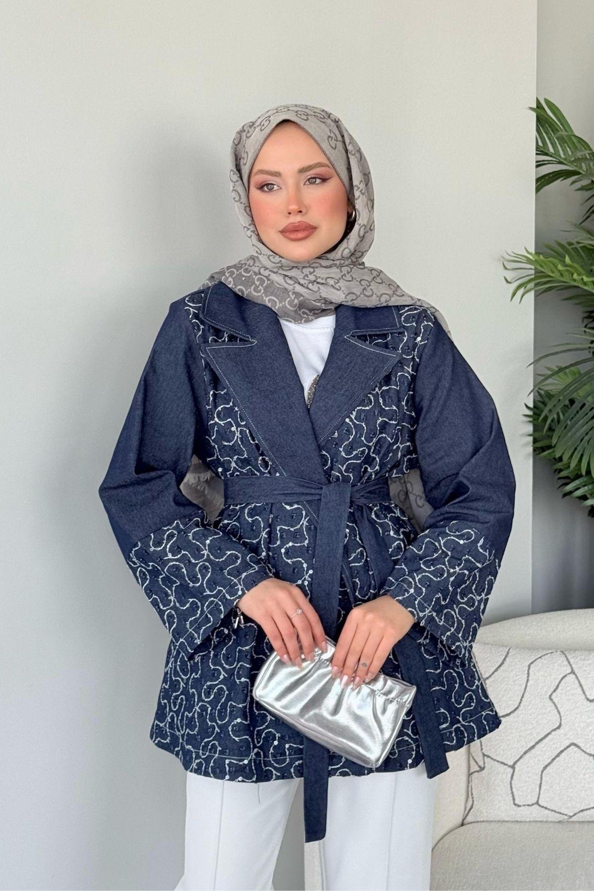 Garnülü Boncuk Kot Ceket Mavi, Fiyatları 