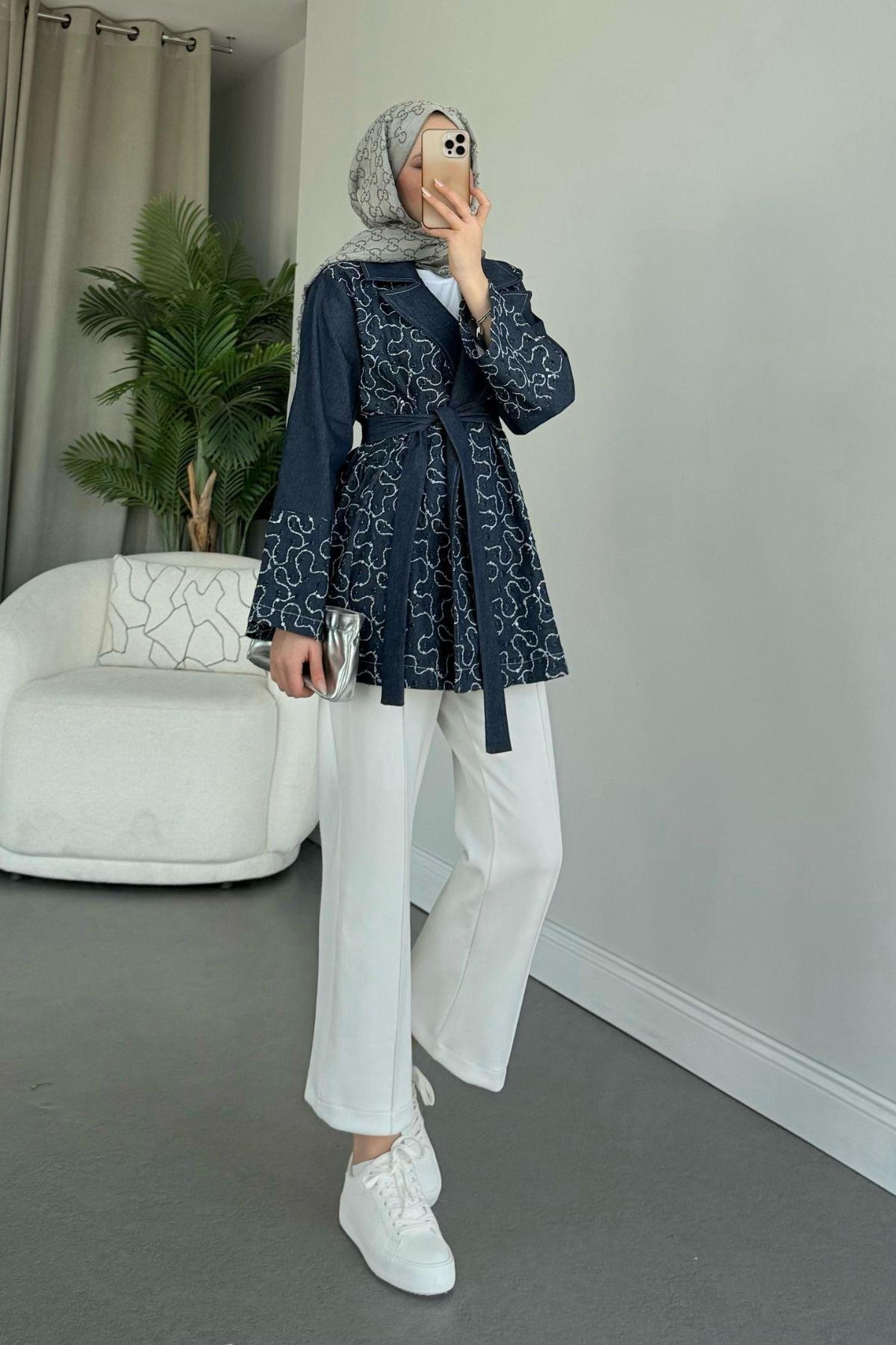 Garnülü Boncuk Kot Ceket Mavi, Fiyatları 