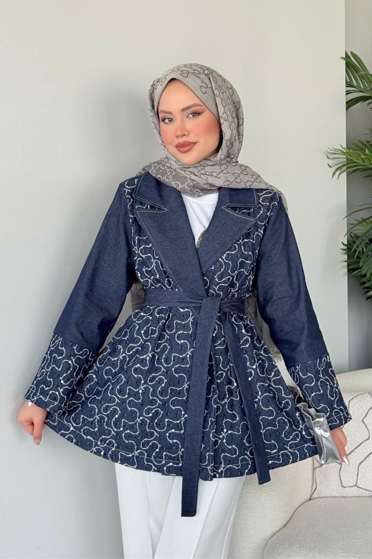 Garnülü Boncuk Kot Ceket Mavi, Fiyatları 