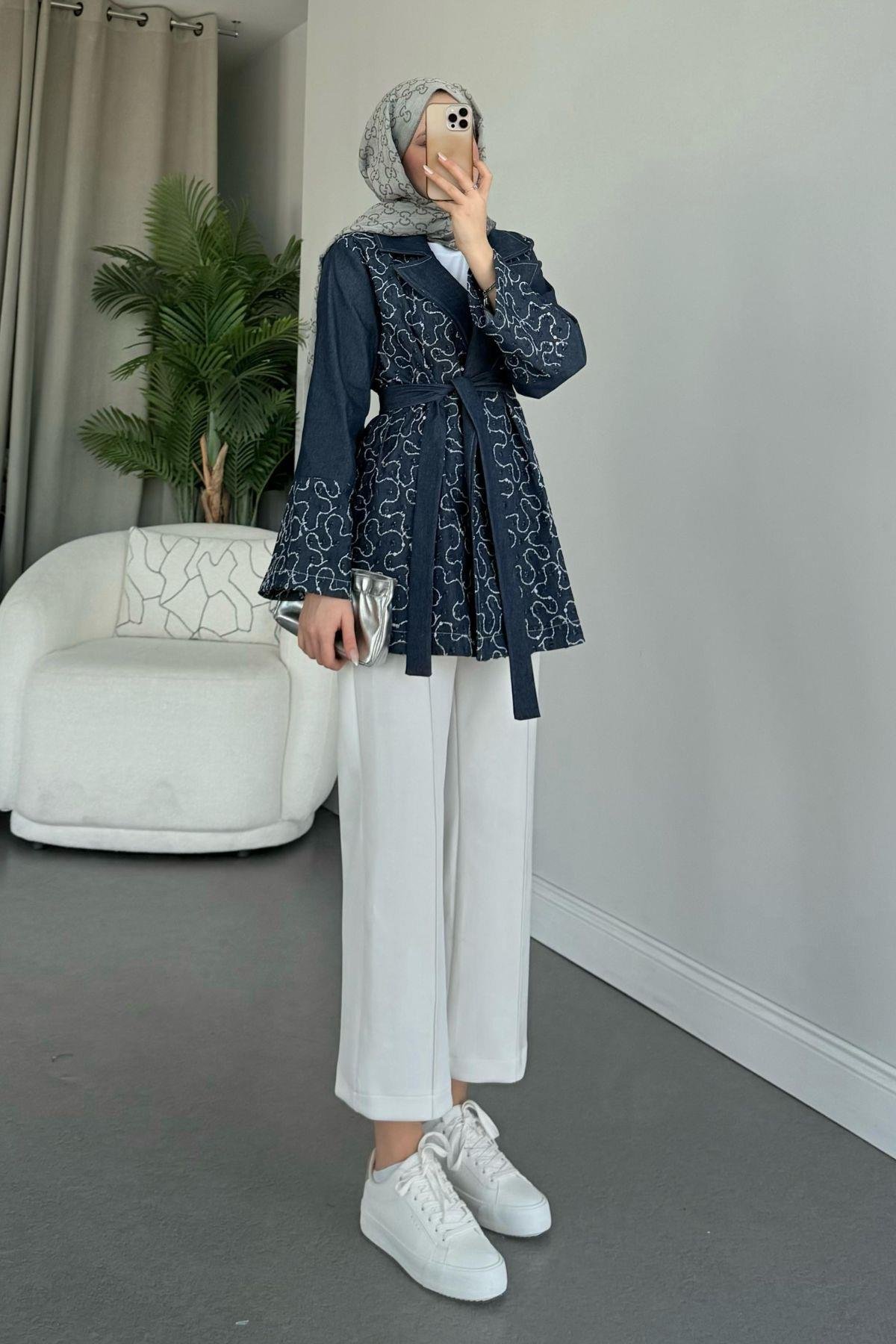 Garnülü Boncuk Kot Ceket Mavi, Fiyatları 