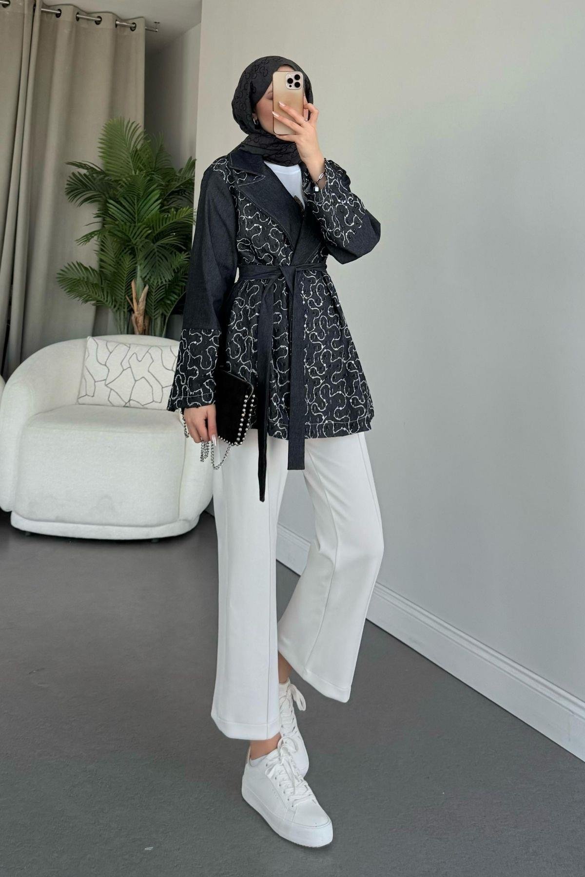 Garnülü Boncuk Kot Ceket Siyah, Fiyatları 