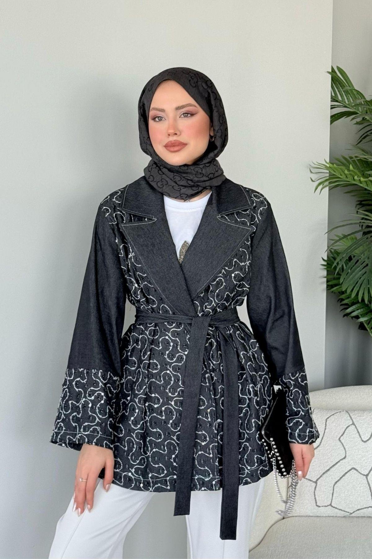 Garnülü Boncuk Kot Ceket Siyah, Fiyatları 