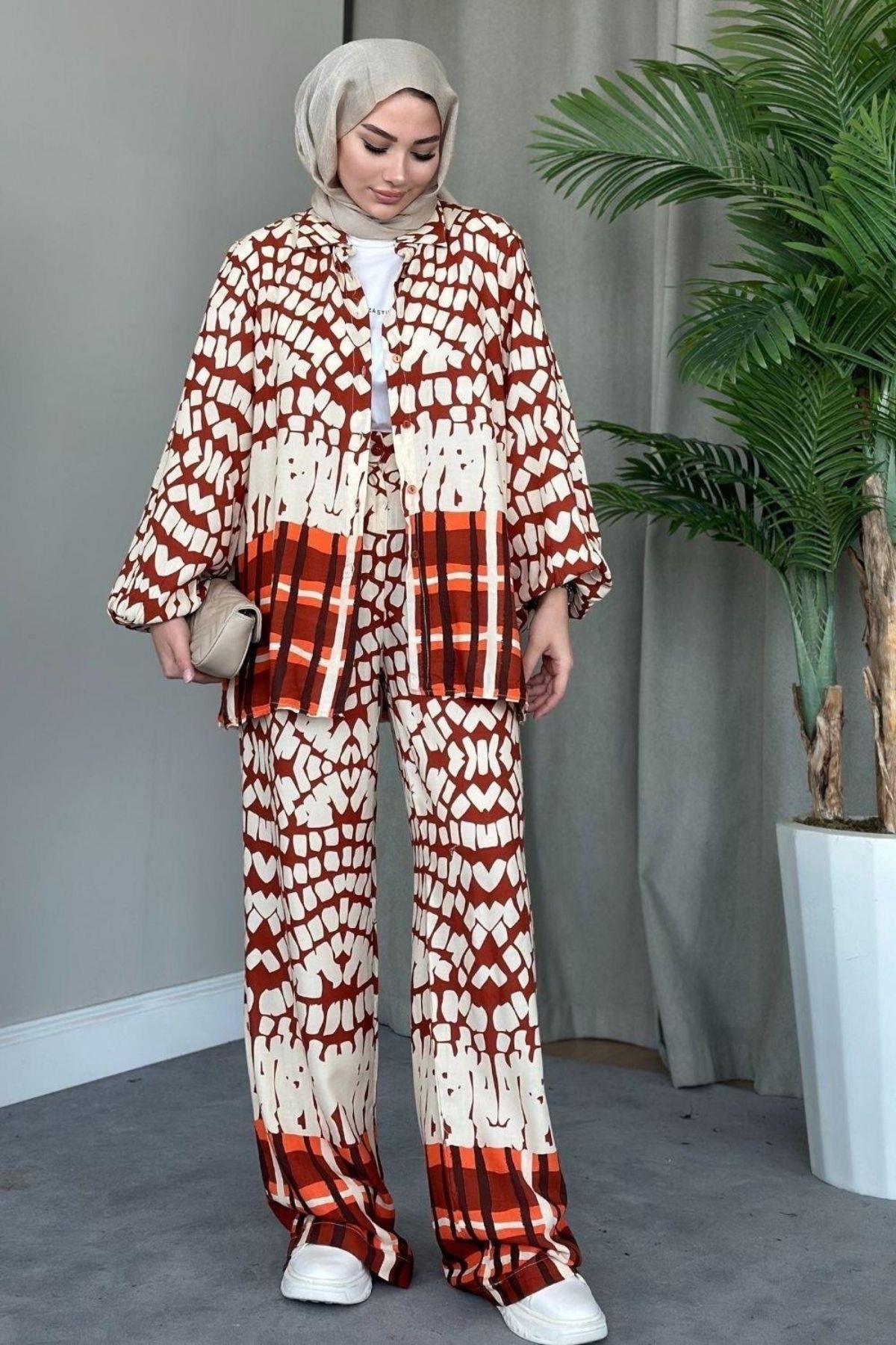 Geometrik Viskon Takım Kahve, Fiyatları Geometrik Viskon Takım Mavi – Haza Moda | Tesettür Giyim