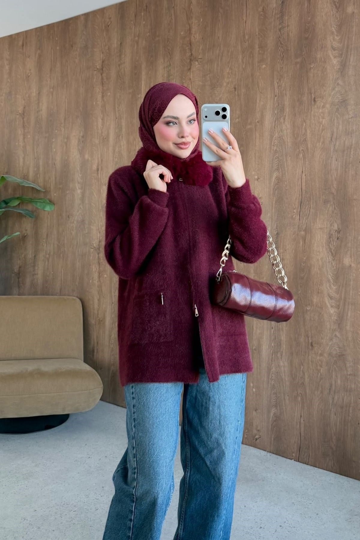 Gökçe Kürklü Angora Hırka Bordo, Fiyatları 