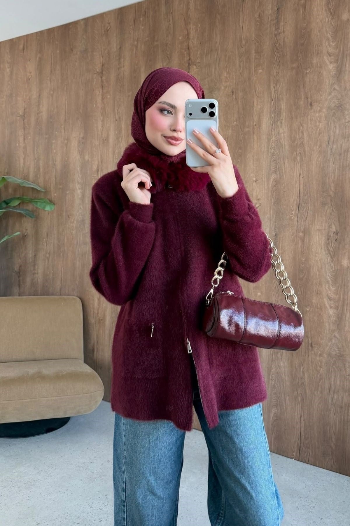Gökçe Kürklü Angora Hırka Bordo, Fiyatları 