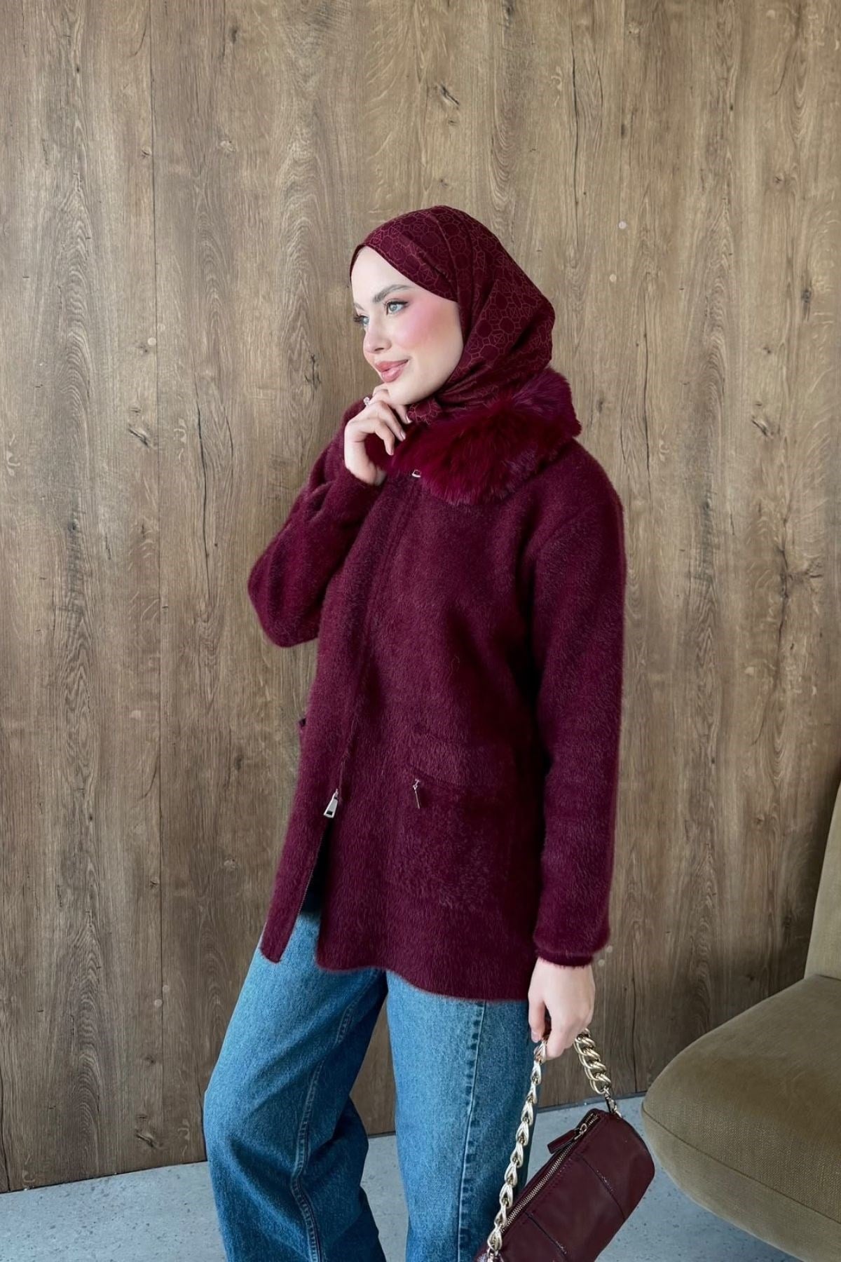 Gökçe Kürklü Angora Hırka Bordo, Fiyatları 