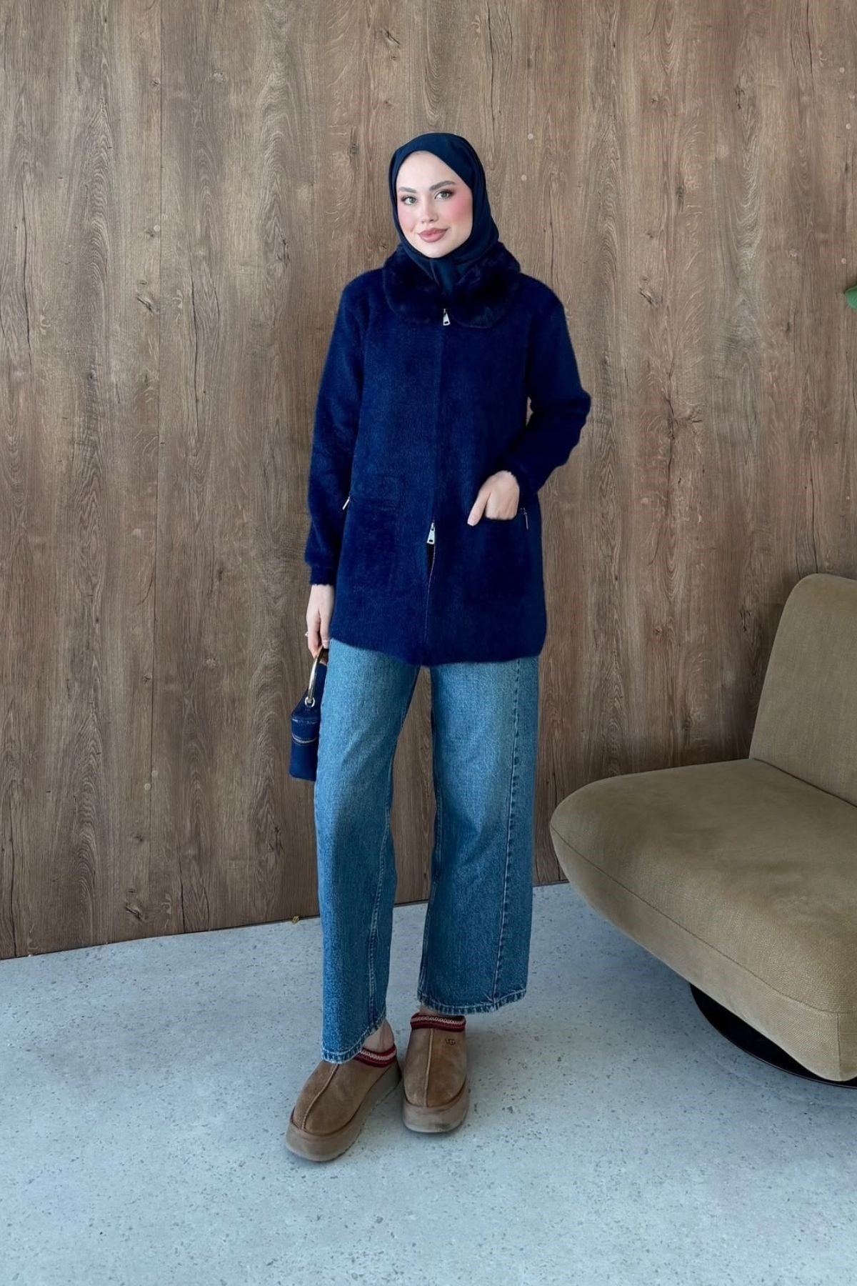 Gökçe Kürklü Angora Hırka Lacivert, Fiyatları 