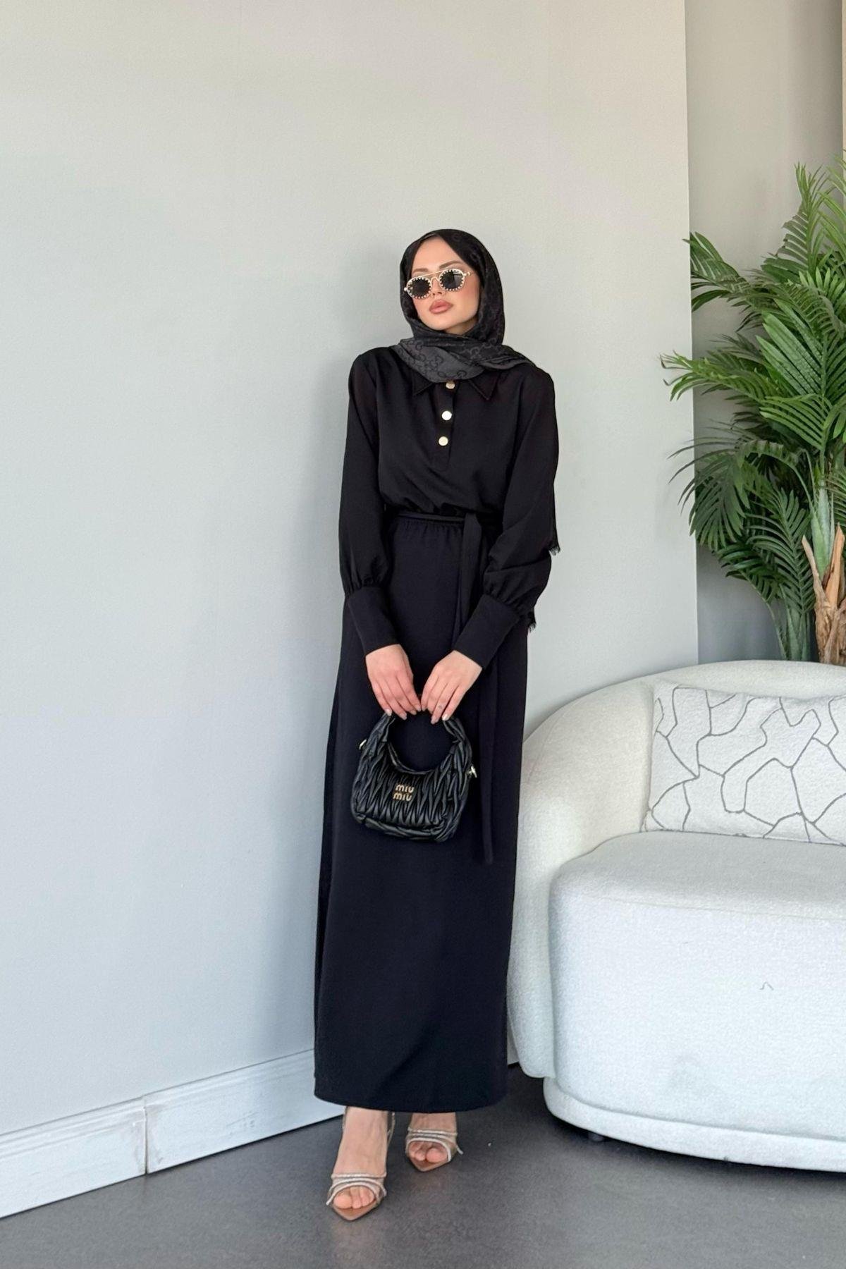 Gold Detaylı Krep Elbise Siyah, Fiyatları Gold Detaylı Krep Elbise Siyah