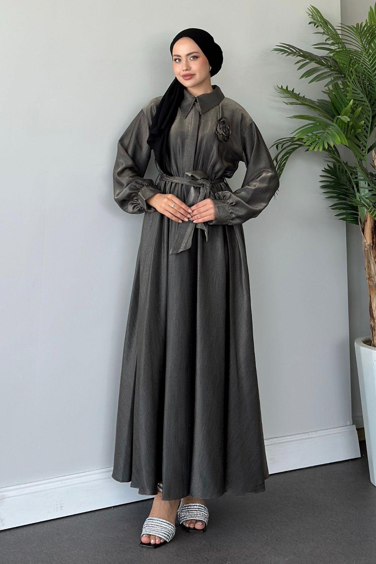 Gül Broşlu Elbise Antrasit, Fiyatları 