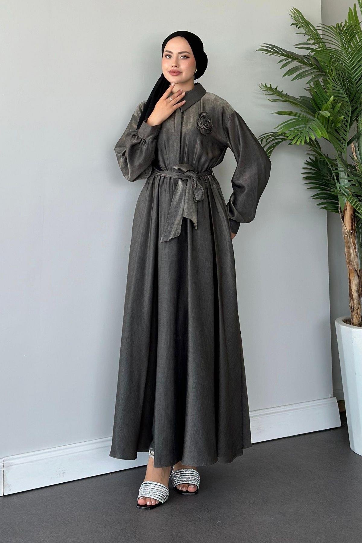 Gül Broşlu Elbise Antrasit, Fiyatları 