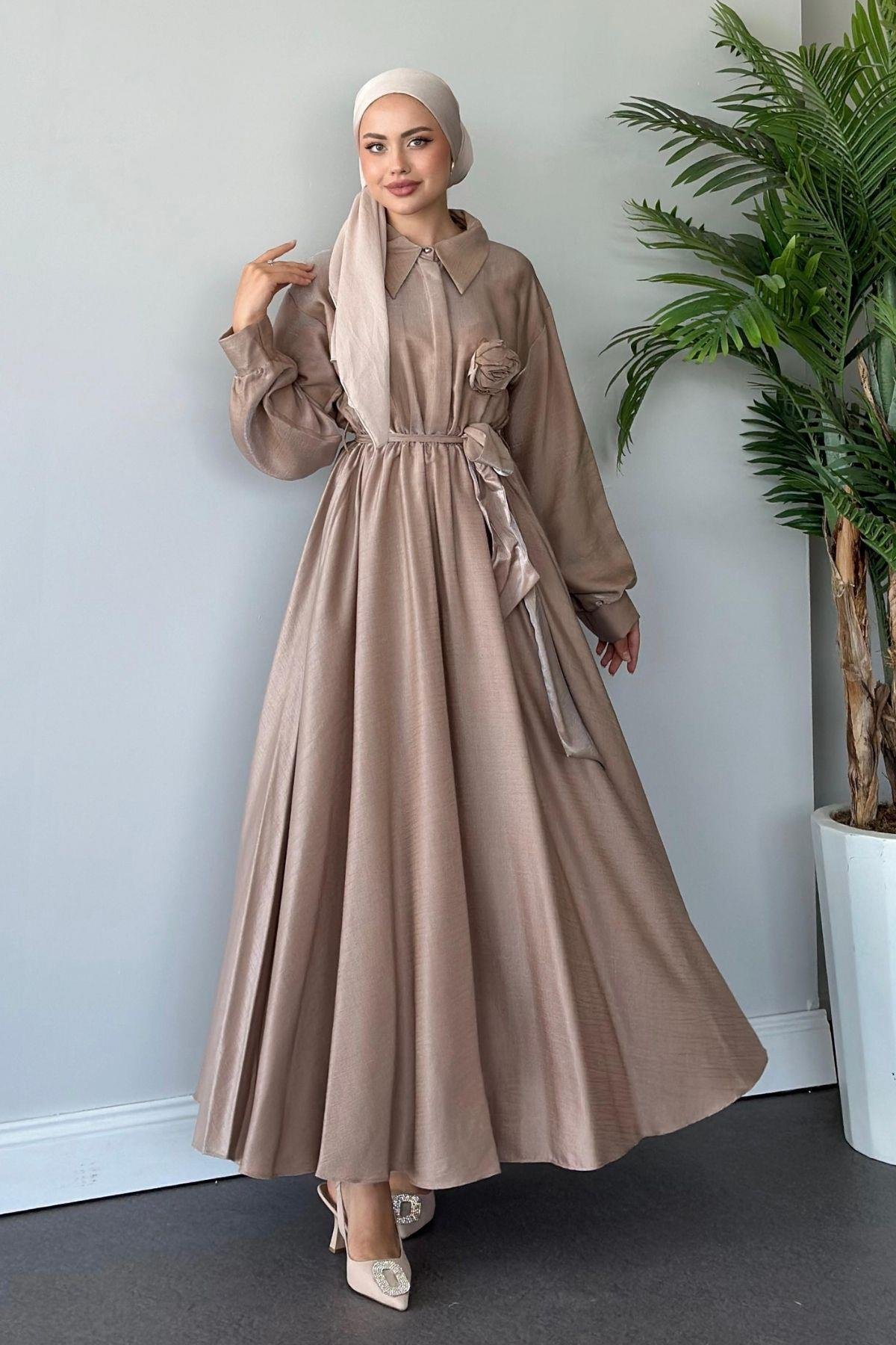 Gül Broşlu Elbise Camel, Fiyatları 