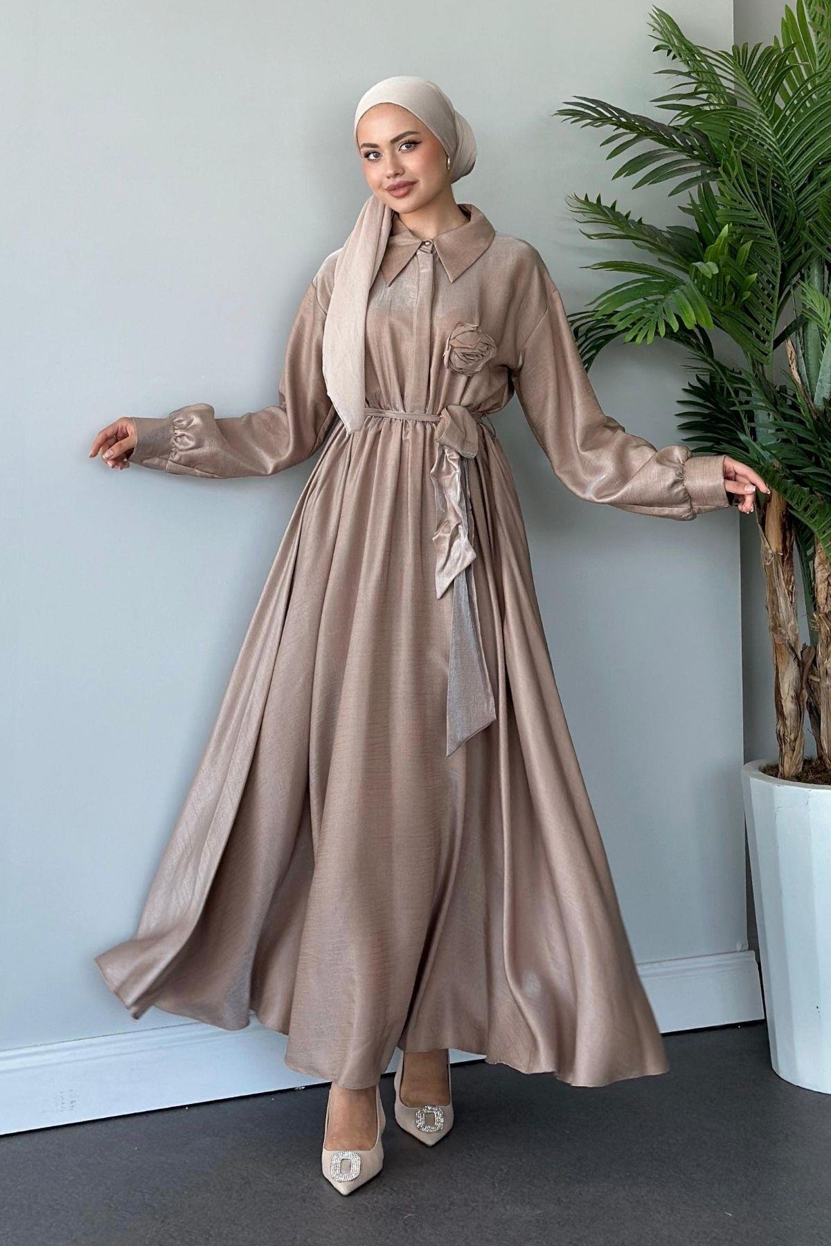Gül Broşlu Elbise Camel, Fiyatları 