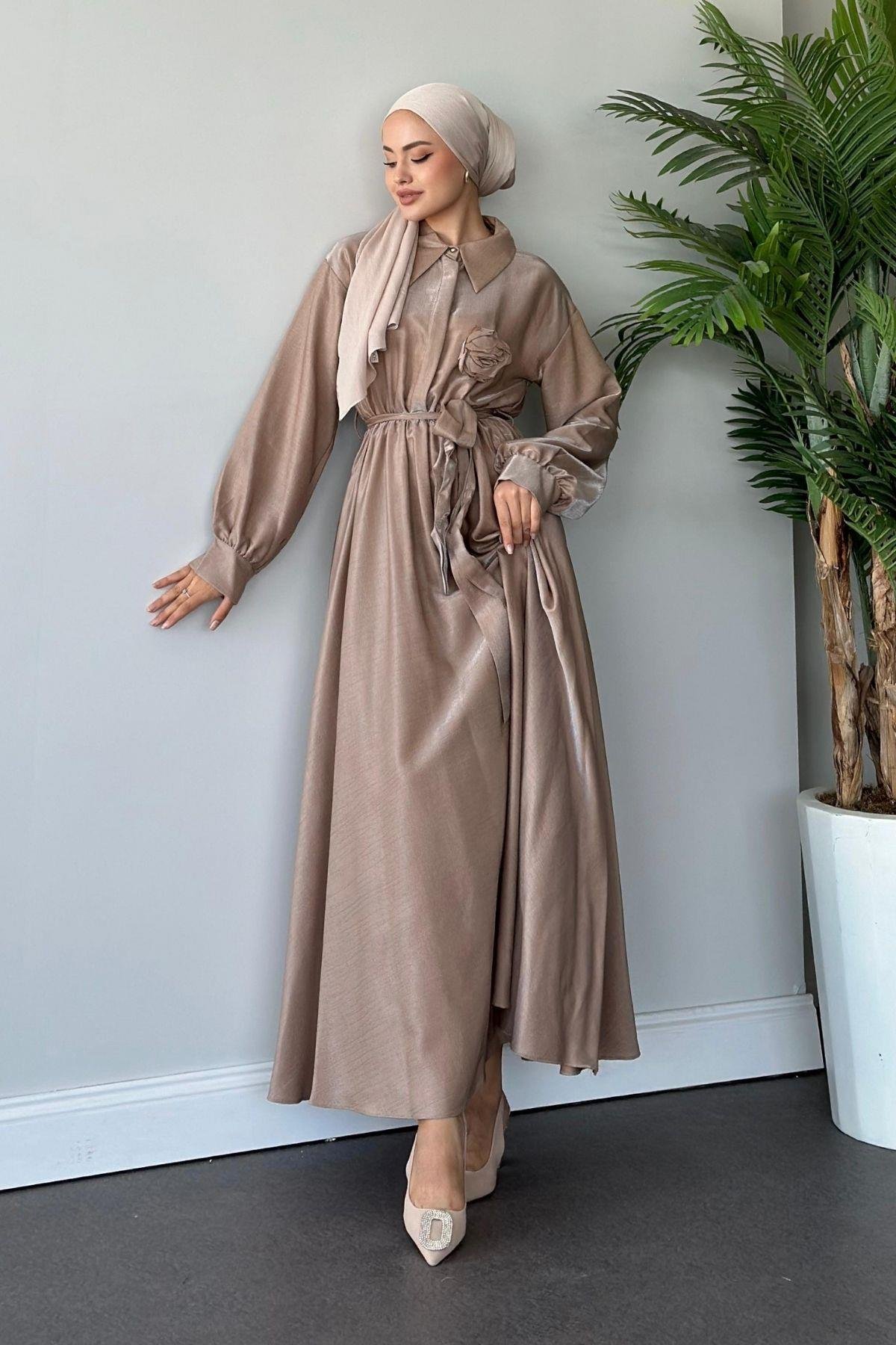 Gül Broşlu Elbise Camel, Fiyatları 