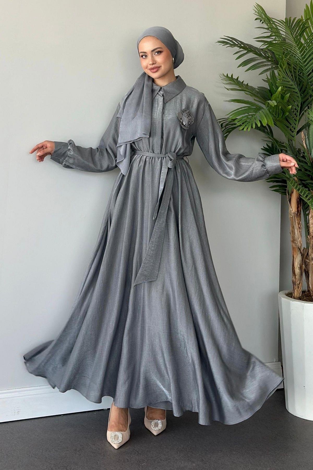 Gül Broşlu Elbise Gri, Fiyatları 