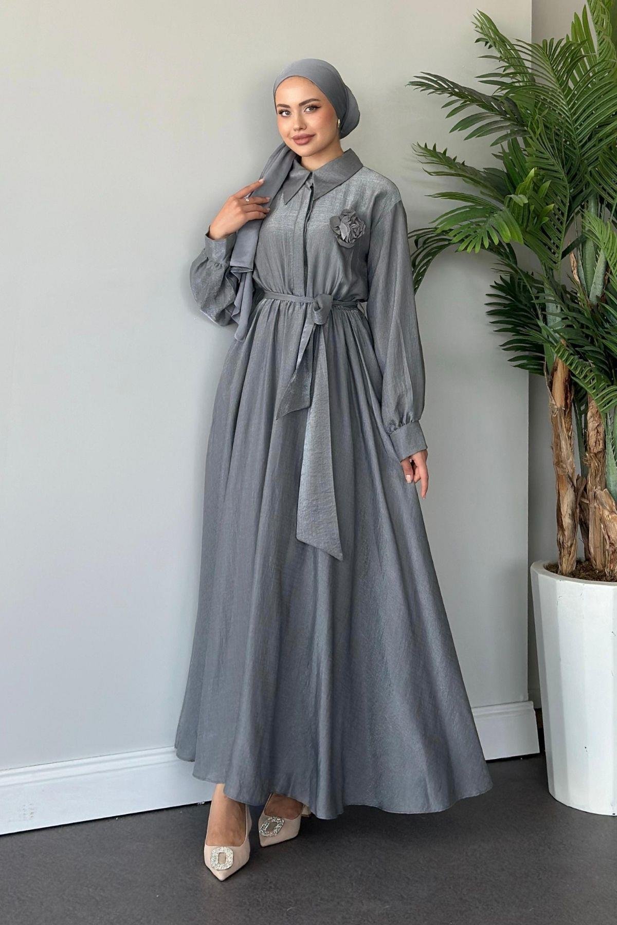 Gül Broşlu Elbise Gri, Fiyatları 