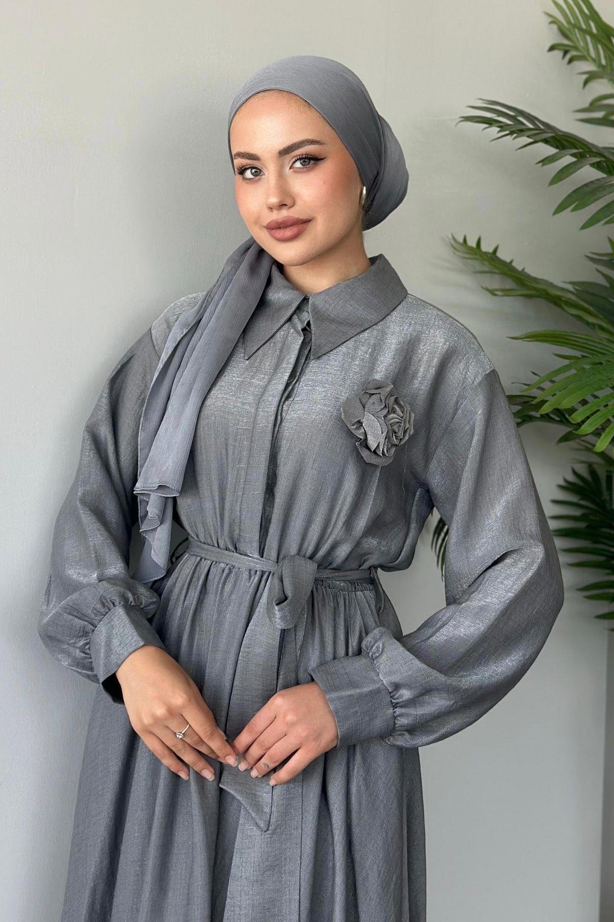 Gül Broşlu Elbise Gri, Fiyatları 