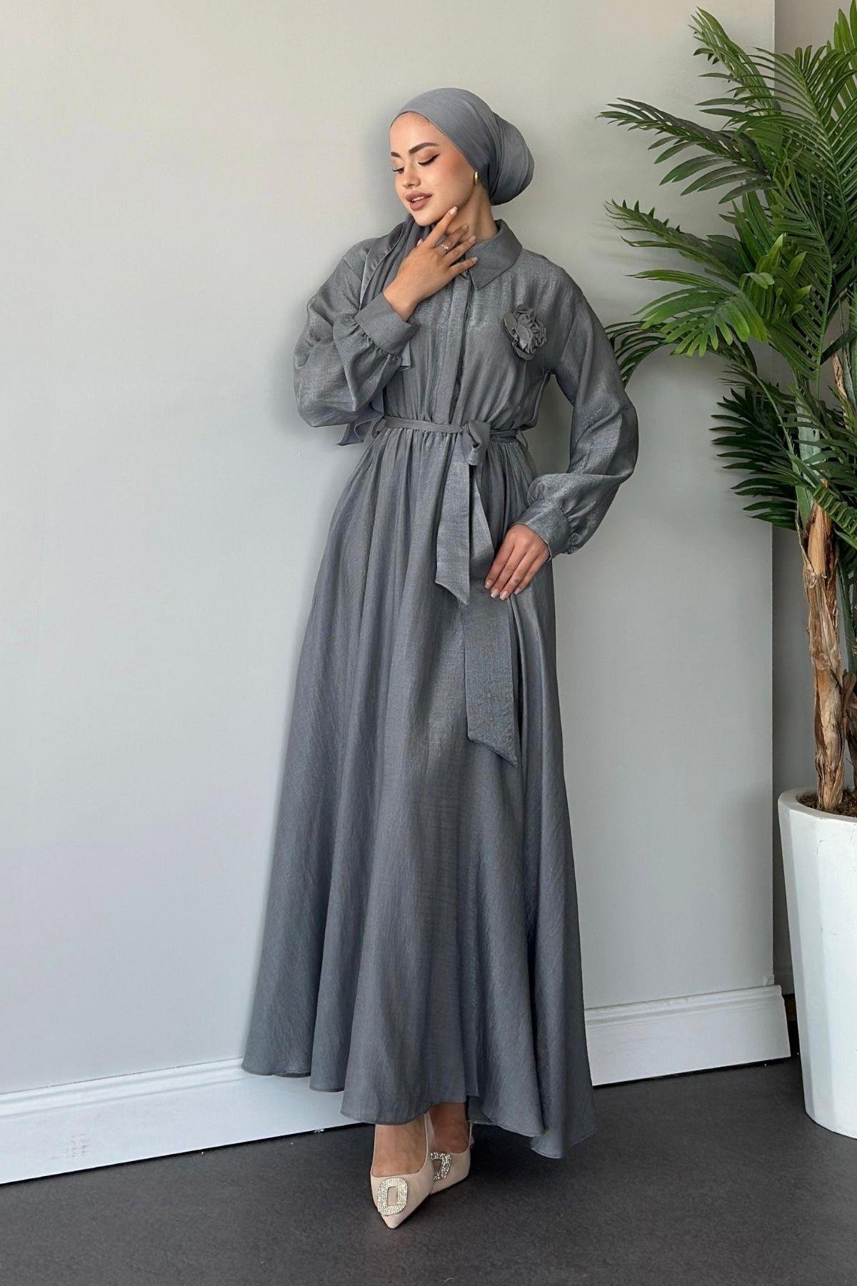 Gül Broşlu Elbise Gri, Fiyatları 