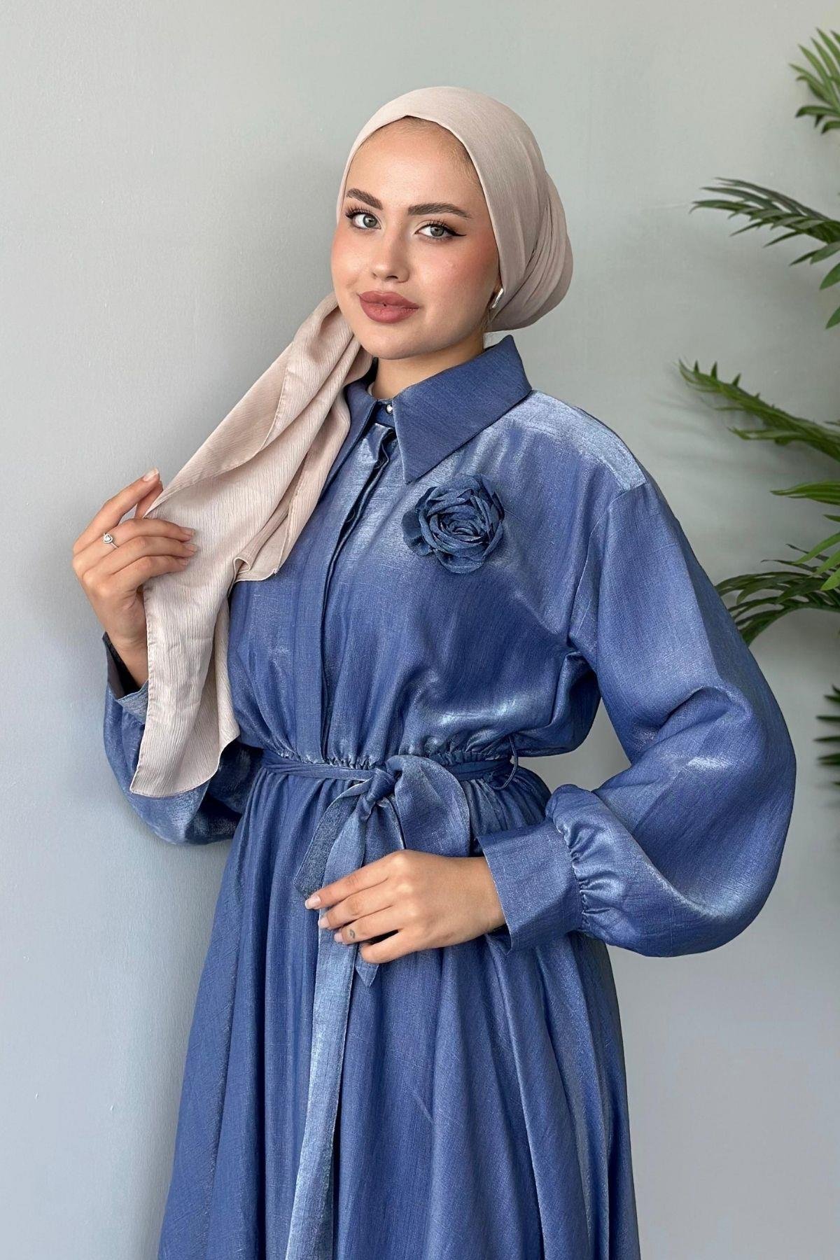 Gül Broşlu Elbise İndigo, Fiyatları 