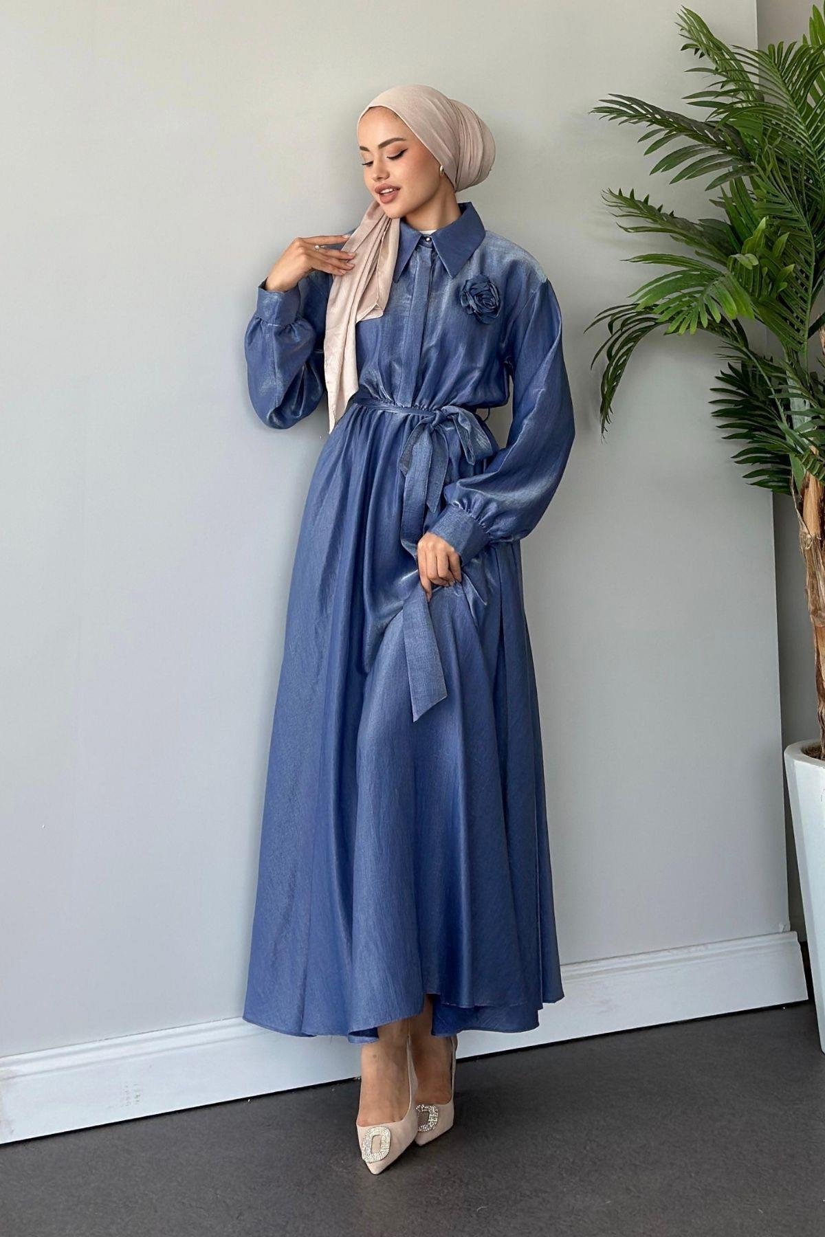 Gül Broşlu Elbise İndigo, Fiyatları 