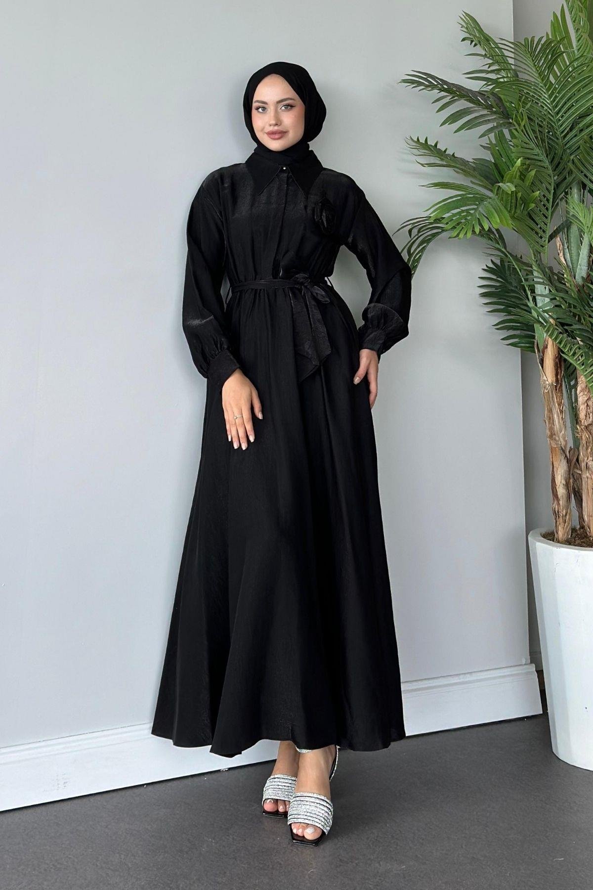 Gül Broşlu Elbise Siyah, Fiyatları 