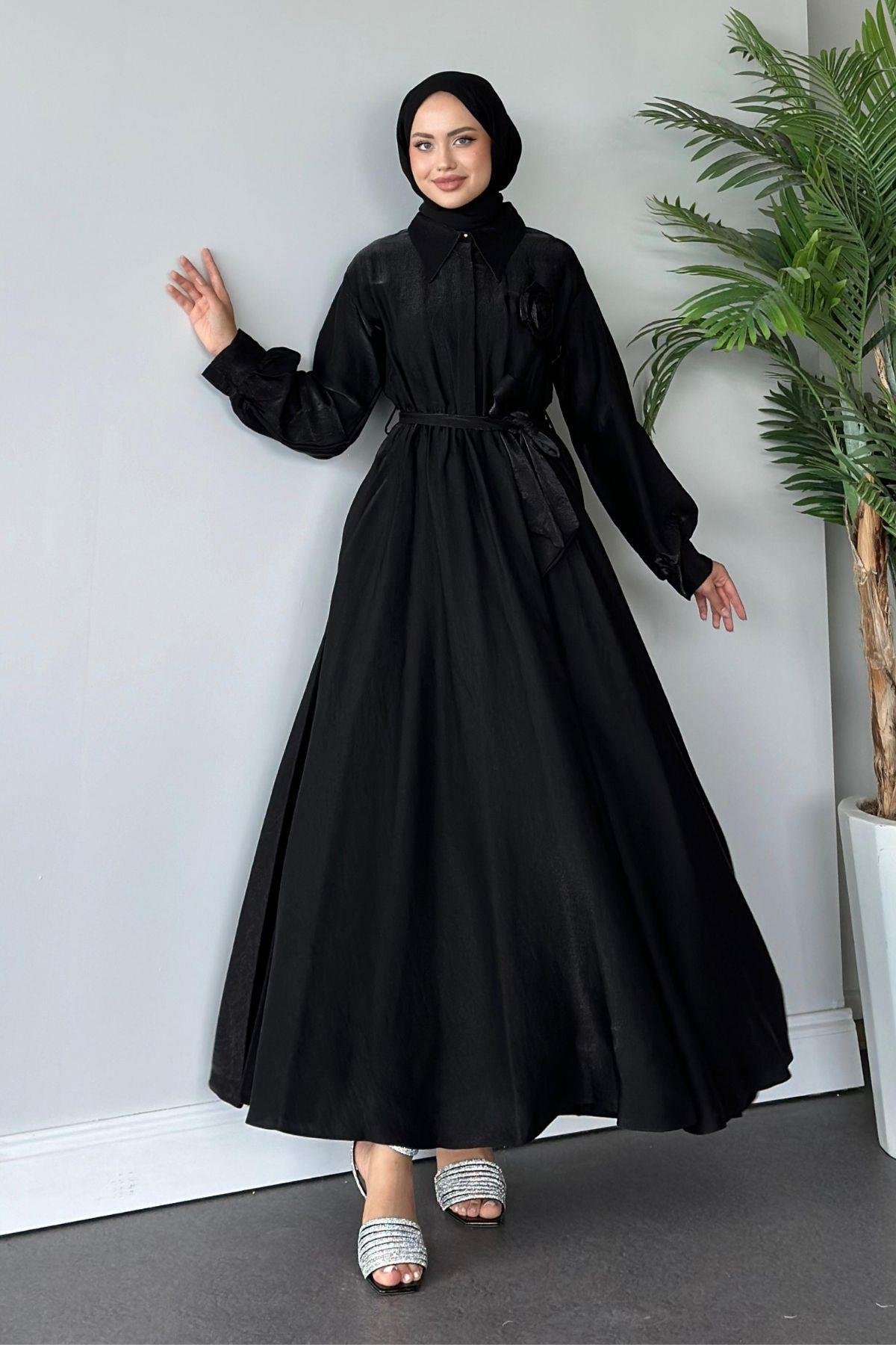 Gül Broşlu Elbise Siyah, Fiyatları 