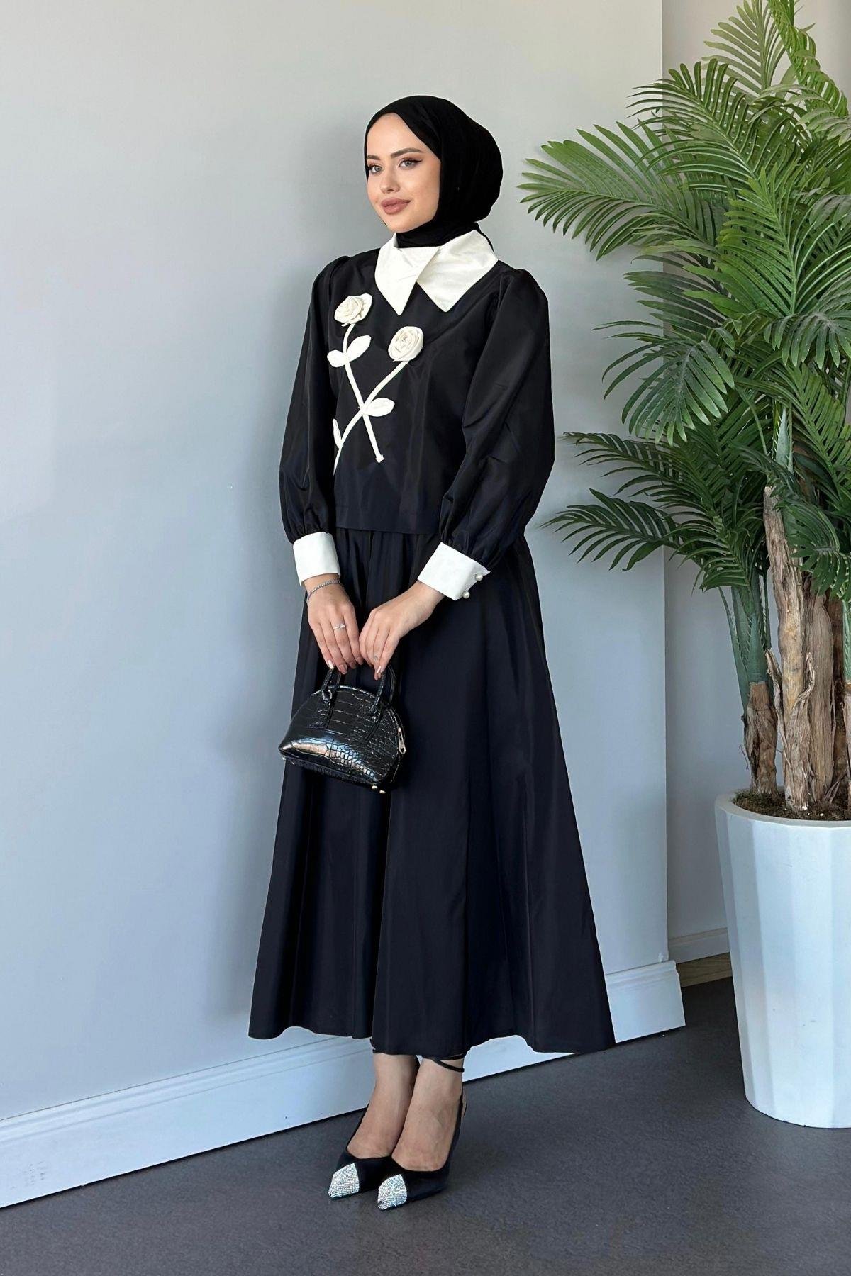 Gül Nakışlı Etekli Takım Siyah, Fiyatları 