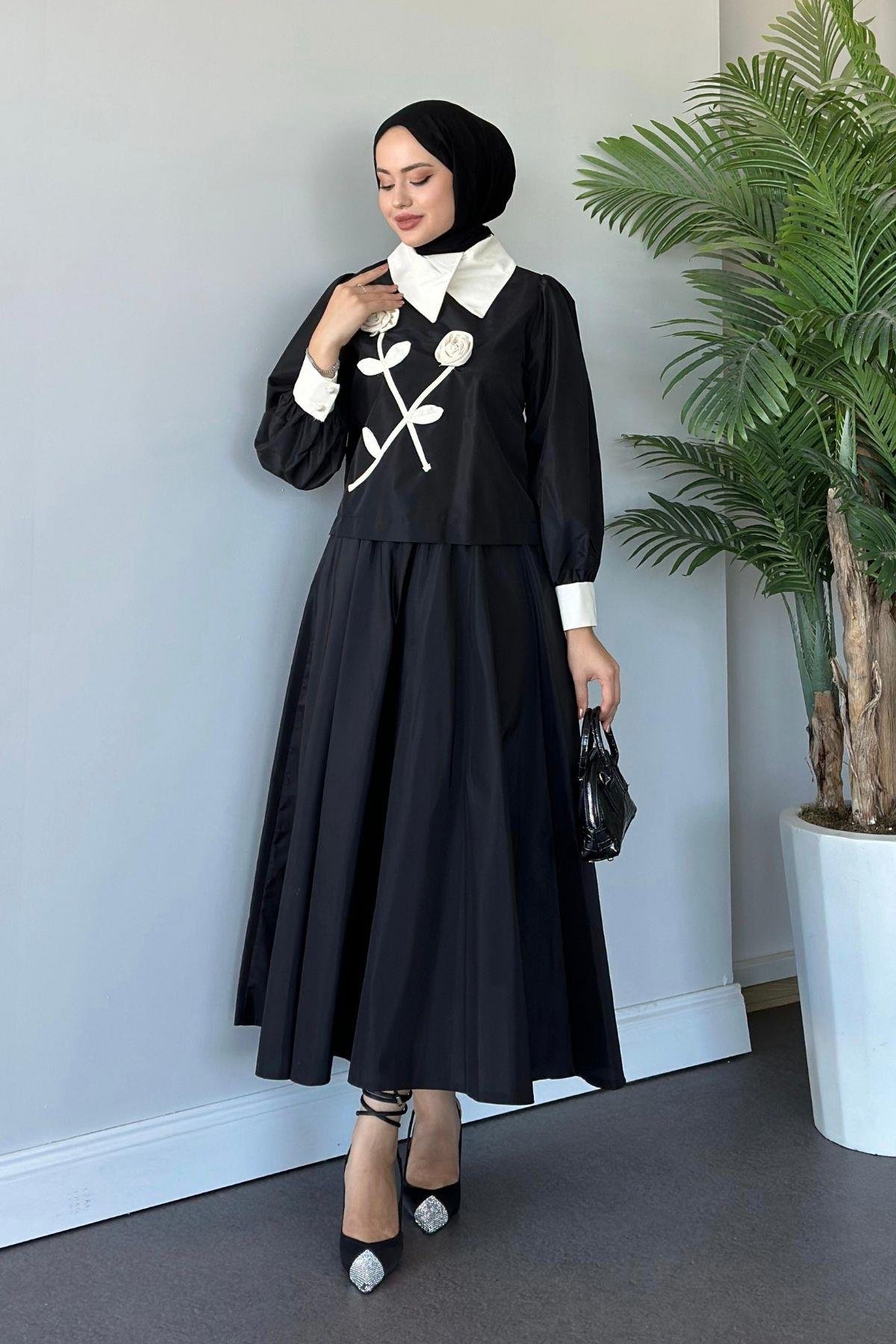 Gül Nakışlı Etekli Takım Siyah, Fiyatları 