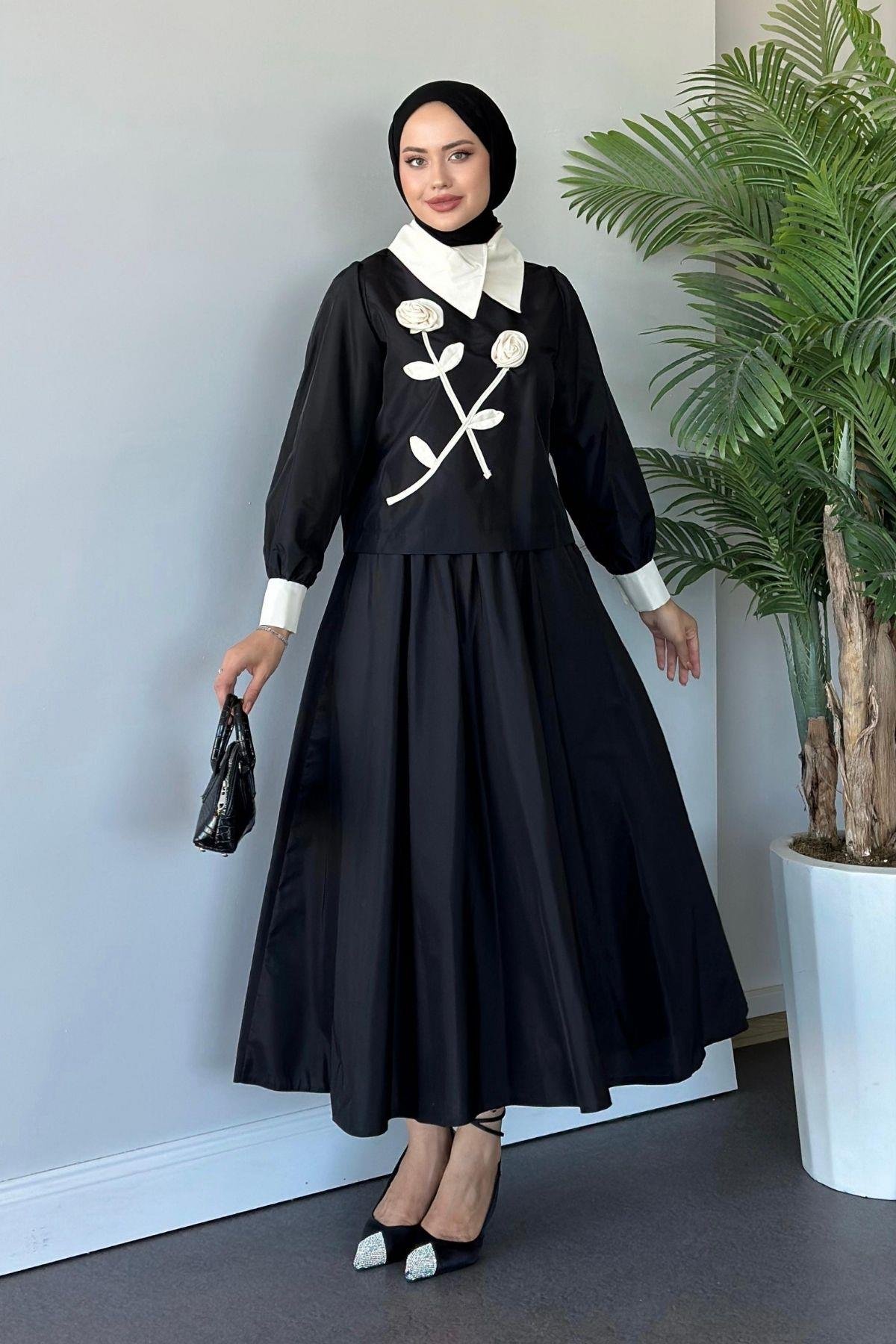 Gül Nakışlı Etekli Takım Siyah, Fiyatları 