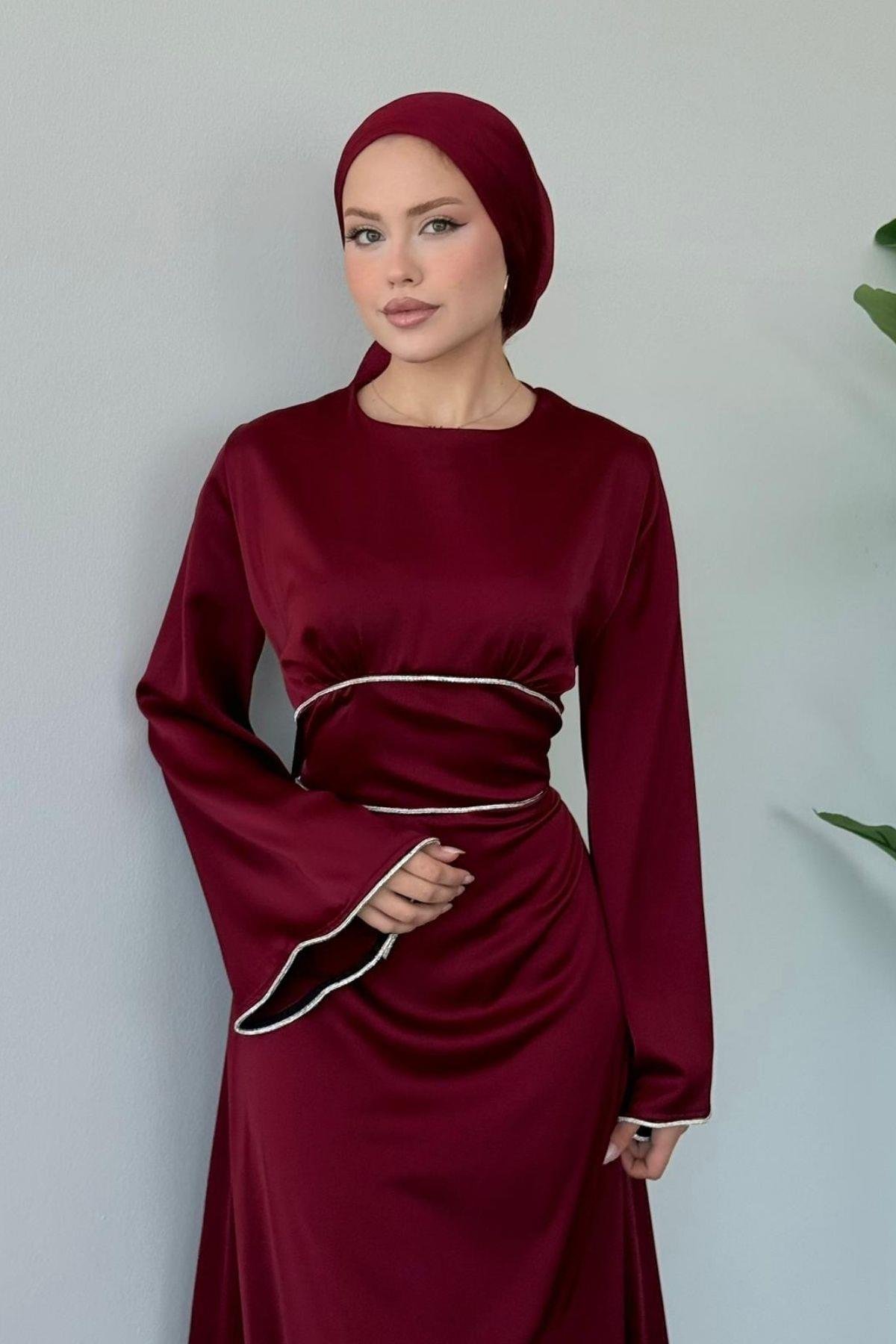 Gümüş Detaylı Saten Abiye Bordo, Fiyatları Gümüş Detaylı Saten Abiye Bordo- Haza Moda 