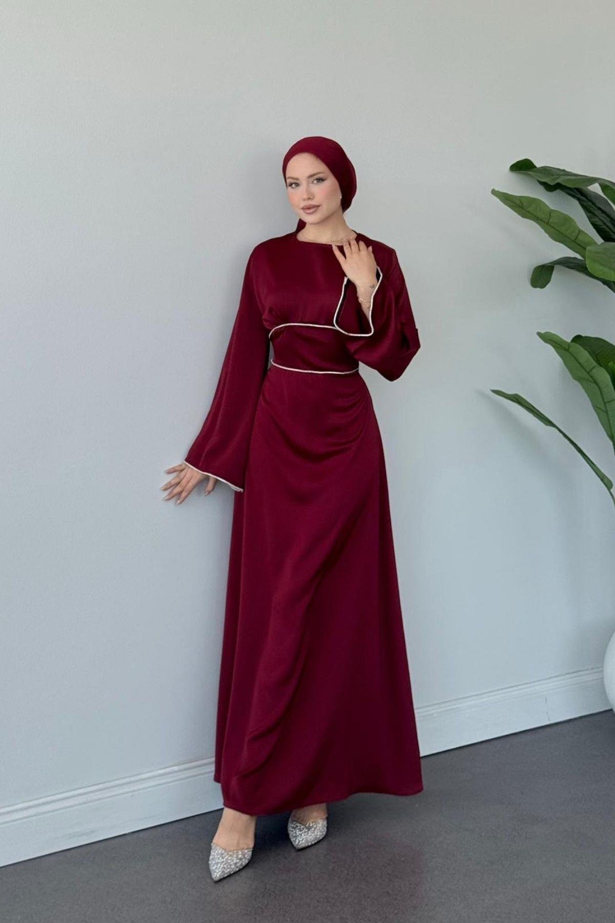 Gümüş Detaylı Saten Abiye Bordo, Fiyatları Gümüş Detaylı Saten Abiye Bordo- Haza Moda 