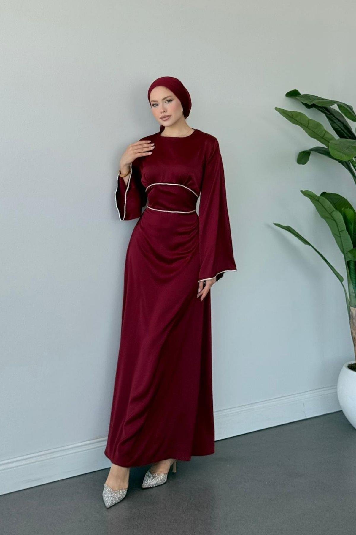 Gümüş Detaylı Saten Abiye Bordo, Fiyatları Gümüş Detaylı Saten Abiye Bordo- Haza Moda 