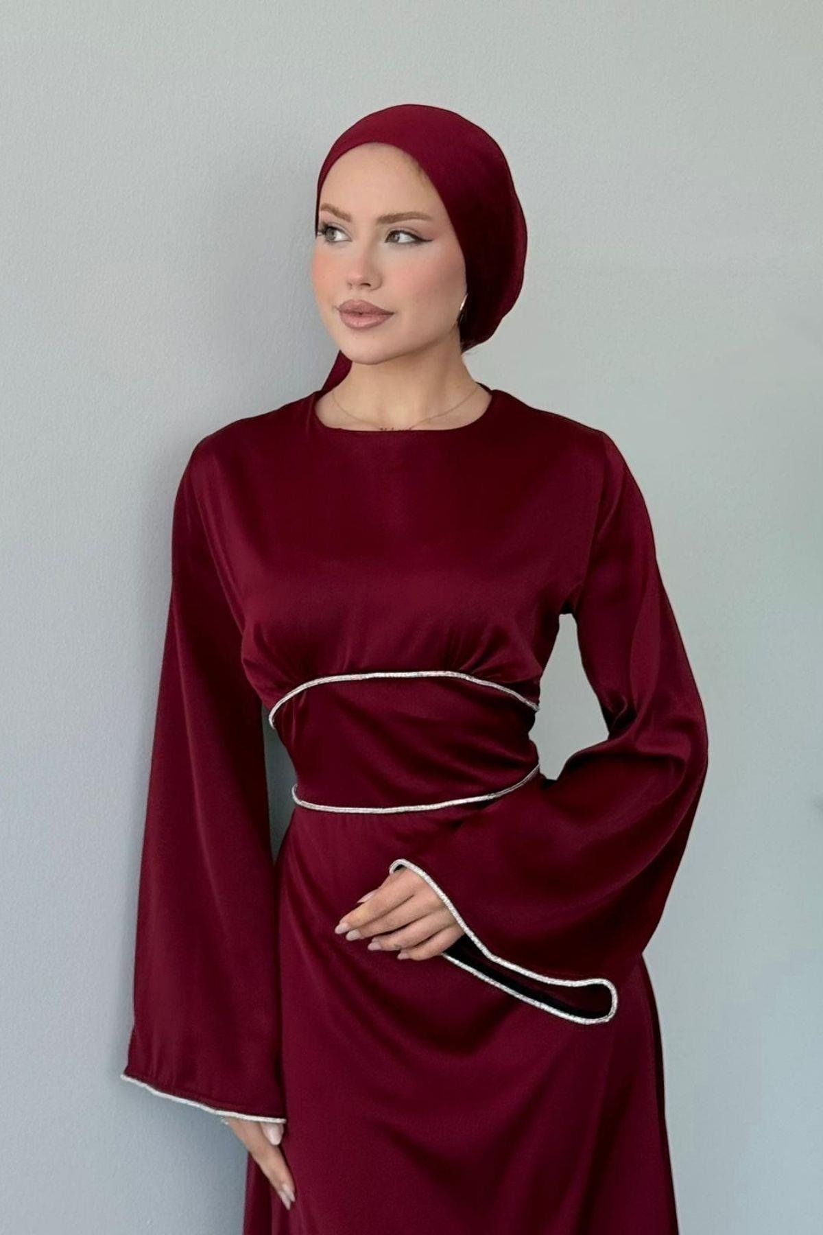 Gümüş Detaylı Saten Abiye Bordo, Fiyatları Gümüş Detaylı Saten Abiye Bordo- Haza Moda 