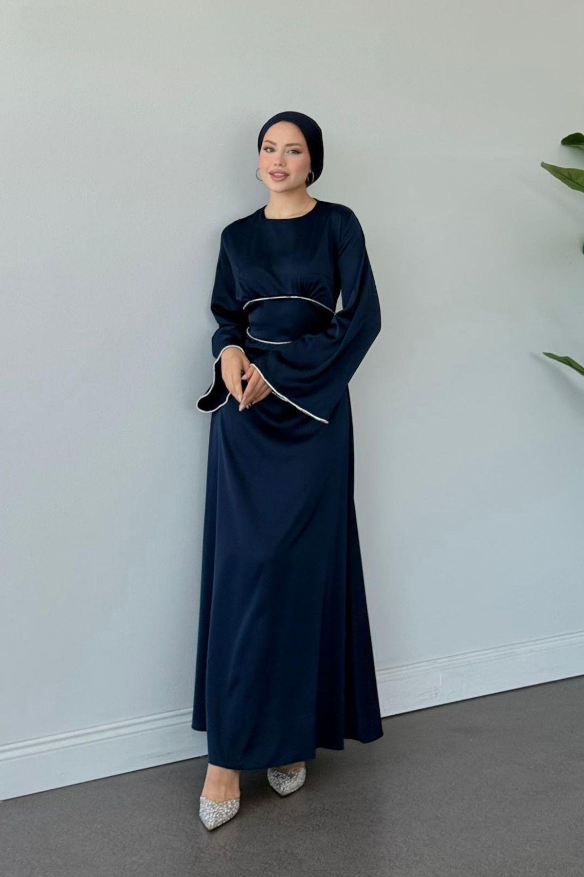 Gümüş Detaylı Saten Abiye Lacivert, Fiyatları Gümüş Detaylı Saten Abiye Lacivert - Haza Moda 
