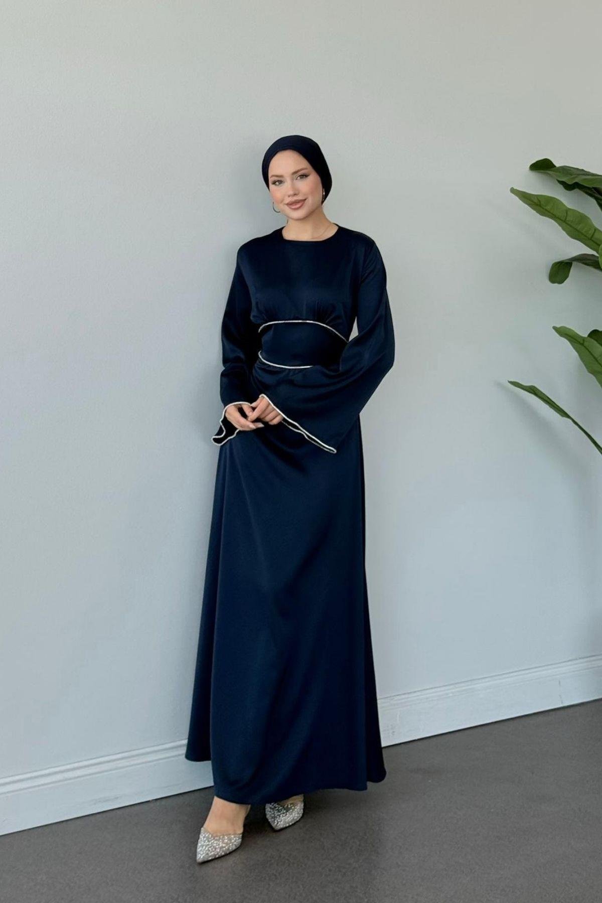 Gümüş Detaylı Saten Abiye Lacivert, Fiyatları Gümüş Detaylı Saten Abiye Lacivert - Haza Moda 