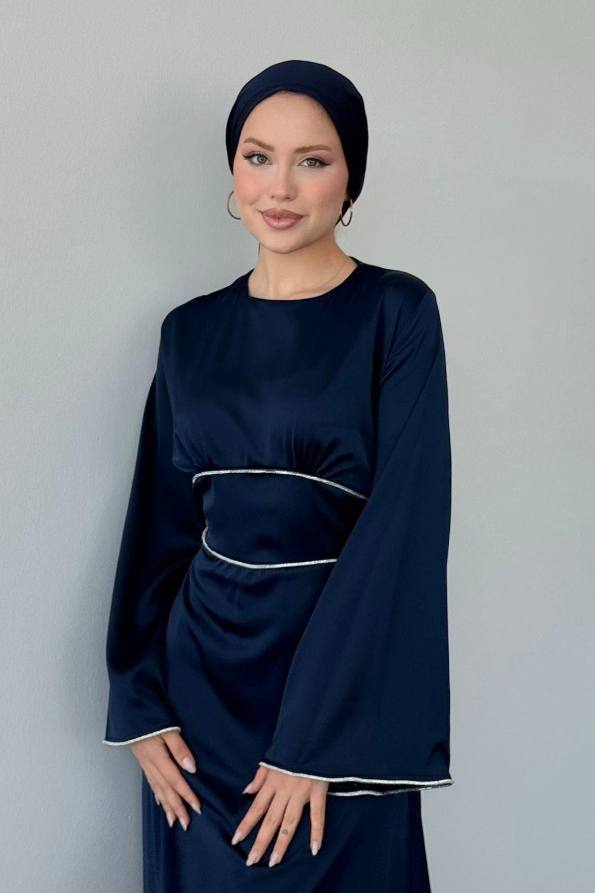 Gümüş Detaylı Saten Abiye Lacivert, Fiyatları Gümüş Detaylı Saten Abiye Lacivert - Haza Moda 