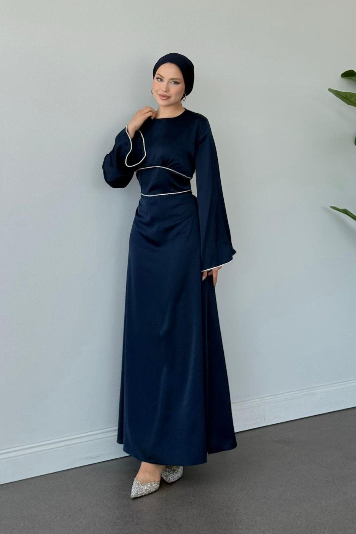 Gümüş Detaylı Saten Abiye Lacivert, Fiyatları Gümüş Detaylı Saten Abiye Lacivert - Haza Moda 
