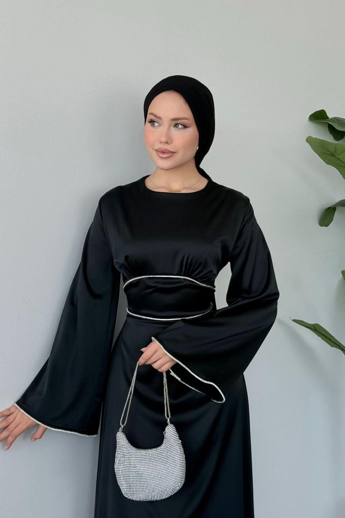 Gümüş Detaylı Saten Abiye Siyah, Fiyatları Gümüş Detaylı Saten Abiye Siyah- Haza Moda 