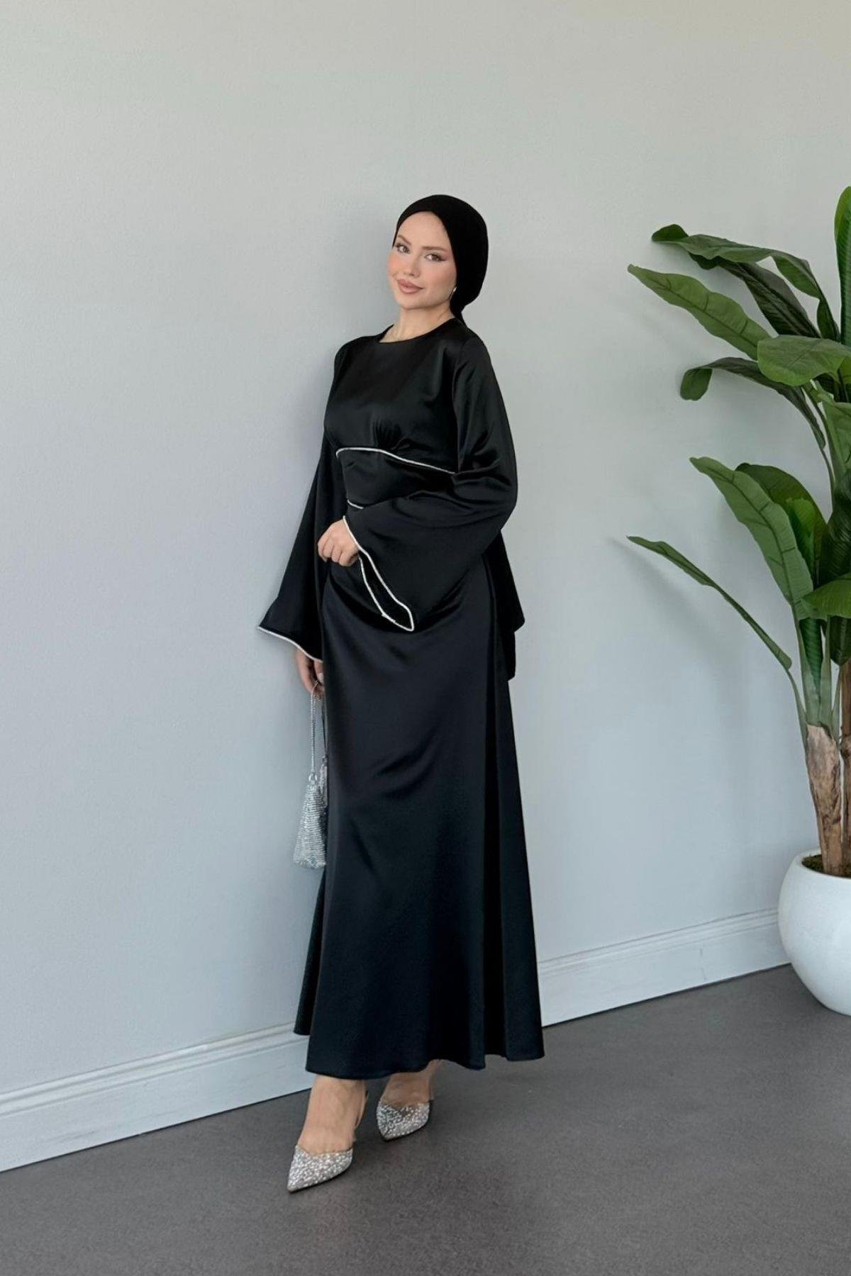 Gümüş Detaylı Saten Abiye Siyah, Fiyatları Gümüş Detaylı Saten Abiye Siyah- Haza Moda 