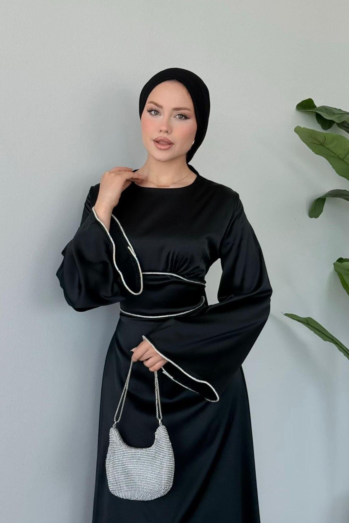 Gümüş Detaylı Saten Abiye Siyah, Fiyatları Gümüş Detaylı Saten Abiye Siyah- Haza Moda 