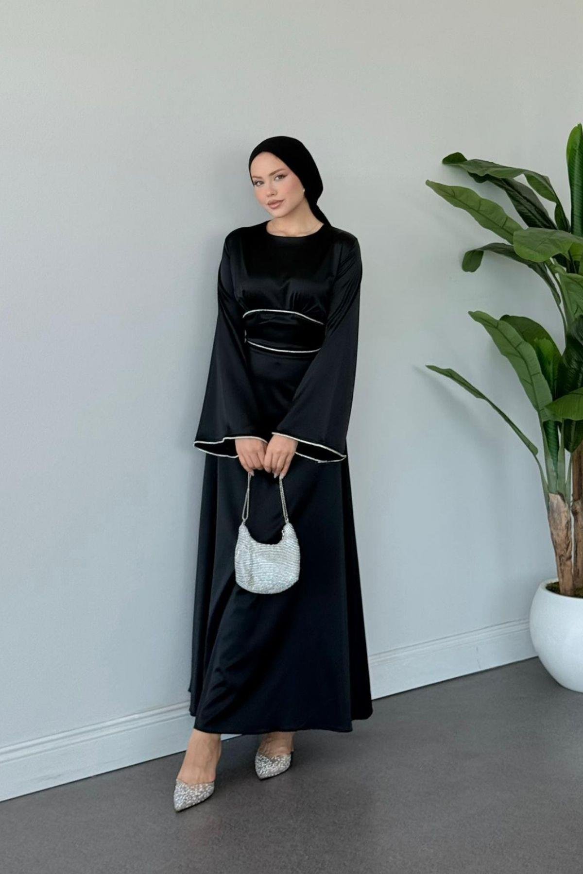 Gümüş Detaylı Saten Abiye Siyah, Fiyatları Gümüş Detaylı Saten Abiye Siyah- Haza Moda 