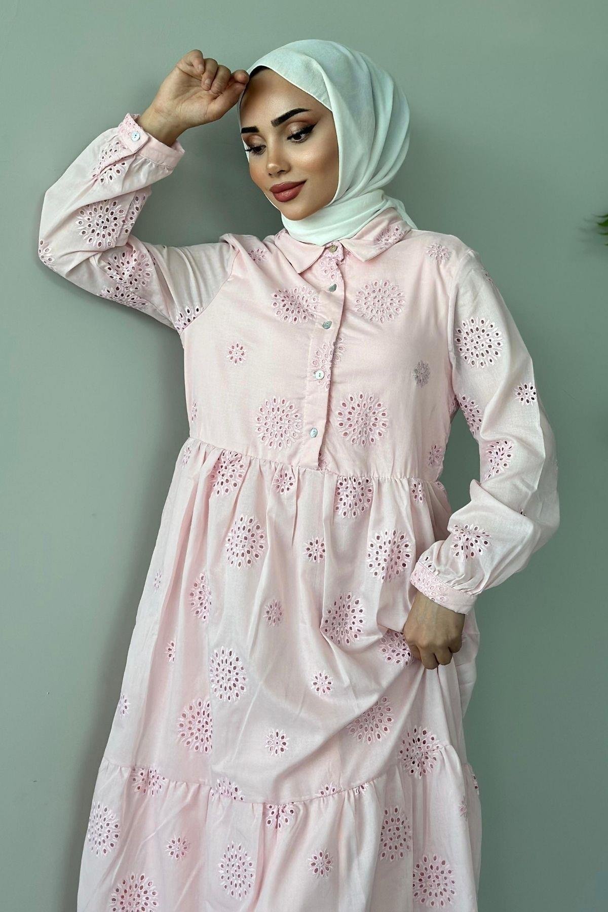 Güpür Elbise Pembe, Fiyatları Haza Moda | Tesettür Giyim | Güpür Elbise Pembe