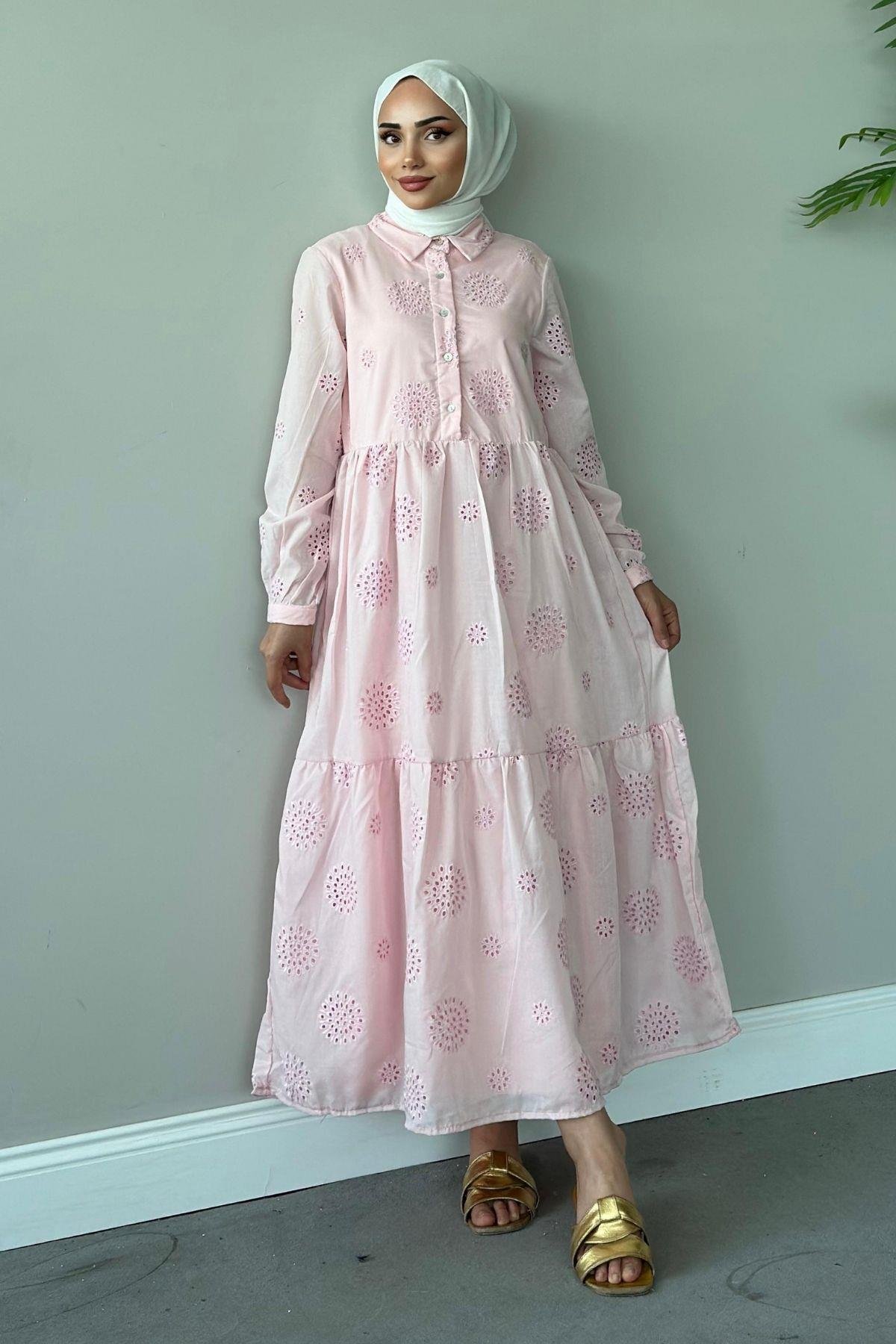 Güpür Elbise Pembe, Fiyatları Haza Moda | Tesettür Giyim | Güpür Elbise Pembe