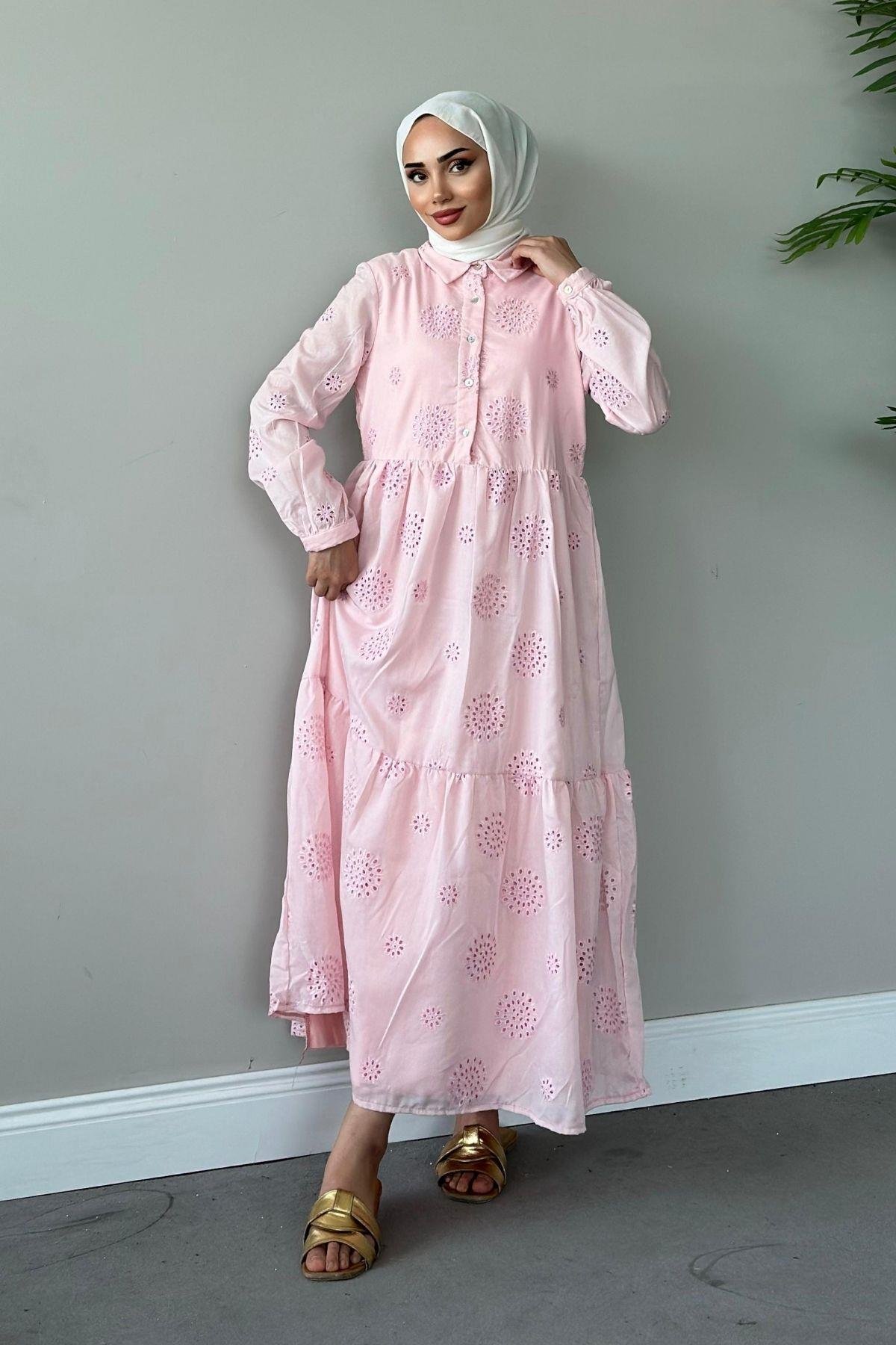 Güpür Elbise Pembe, Fiyatları Haza Moda | Tesettür Giyim | Güpür Elbise Pembe