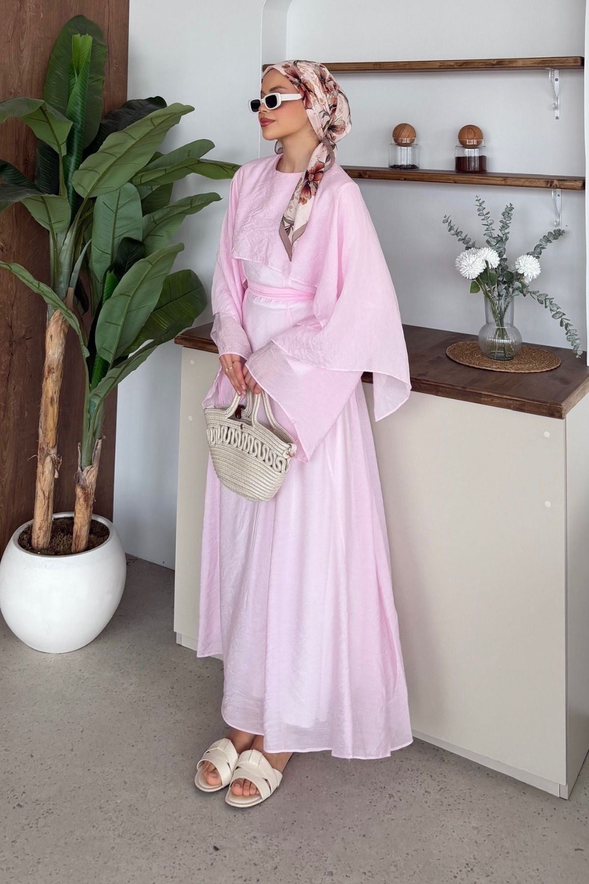 Gurbet Pelerinli Tül Modal Elbise Pembe, Fiyatları 
