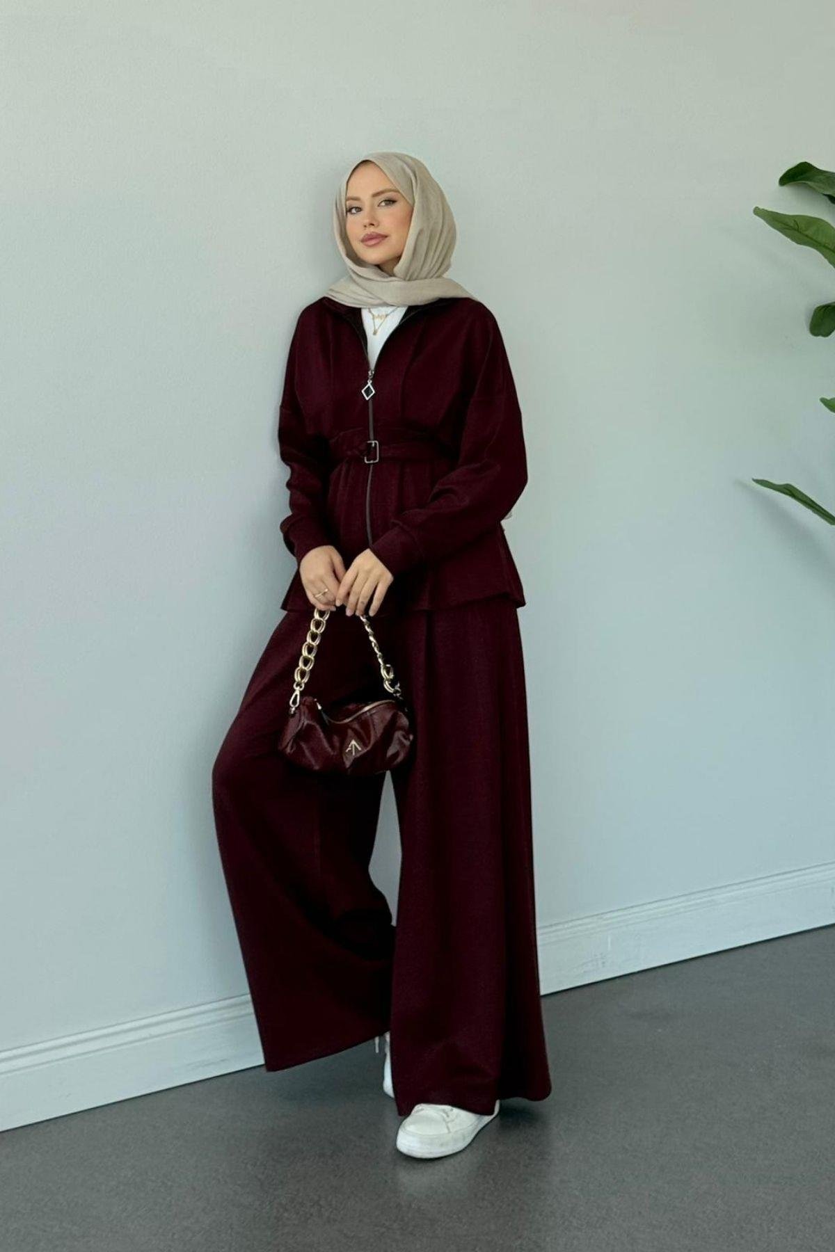 Hanna Pamuklu Pantolonlu Takım Bordo, Fiyatları Hanna Pamuklu Pantolonlu Takım Bordo Haza Moda 