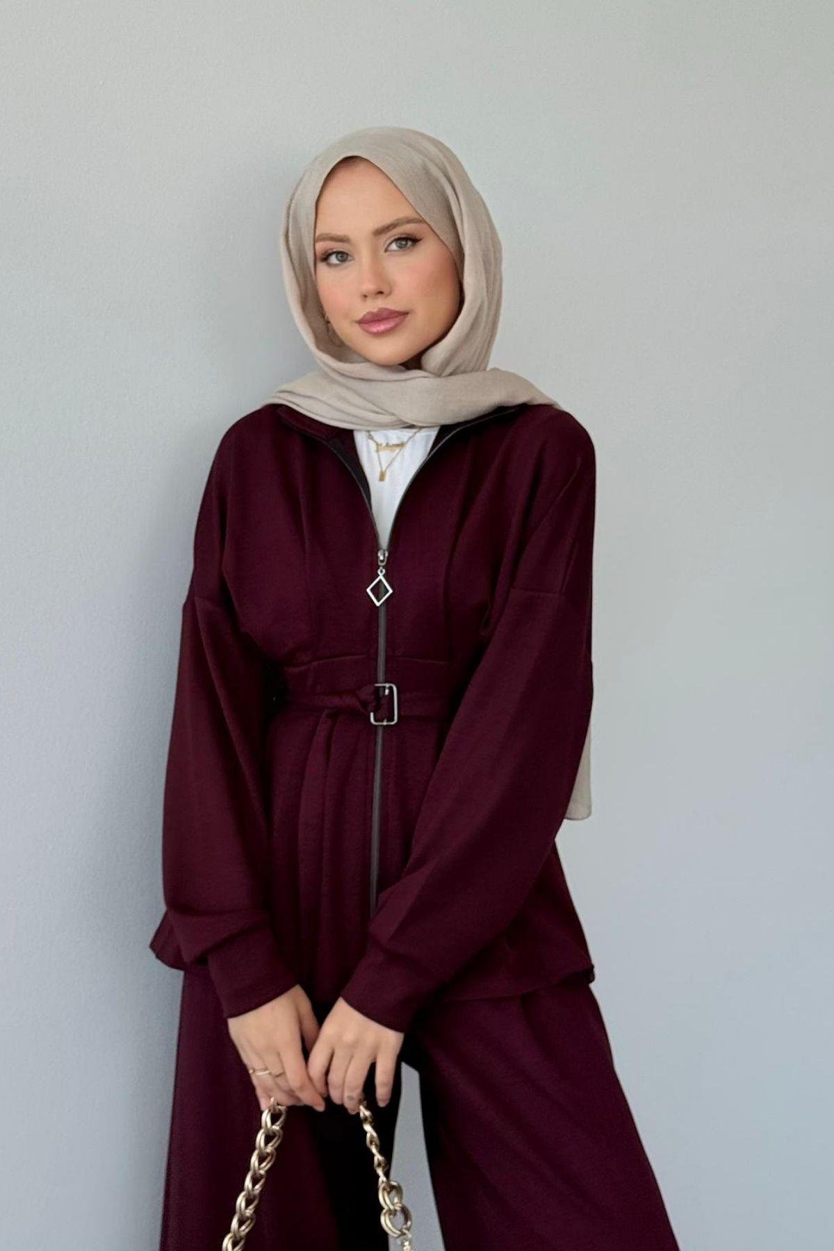 Hanna Pamuklu Pantolonlu Takım Bordo, Fiyatları Hanna Pamuklu Pantolonlu Takım Bordo Haza Moda 