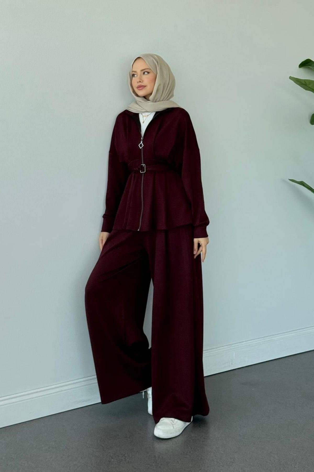 Hanna Pamuklu Pantolonlu Takım Bordo, Fiyatları Hanna Pamuklu Pantolonlu Takım Bordo Haza Moda 