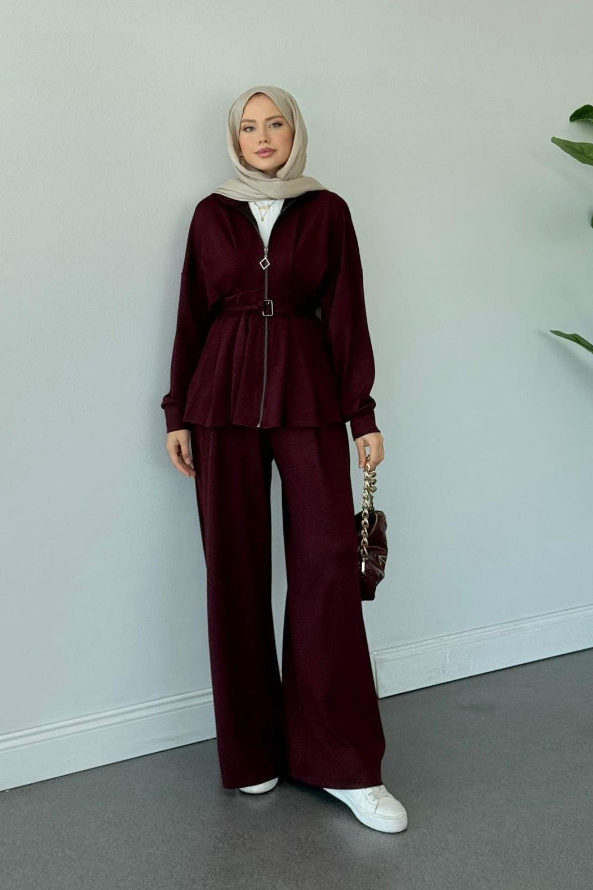 Hanna Pamuklu Pantolonlu Takım Bordo, Fiyatları Hanna Pamuklu Pantolonlu Takım Bordo Haza Moda 