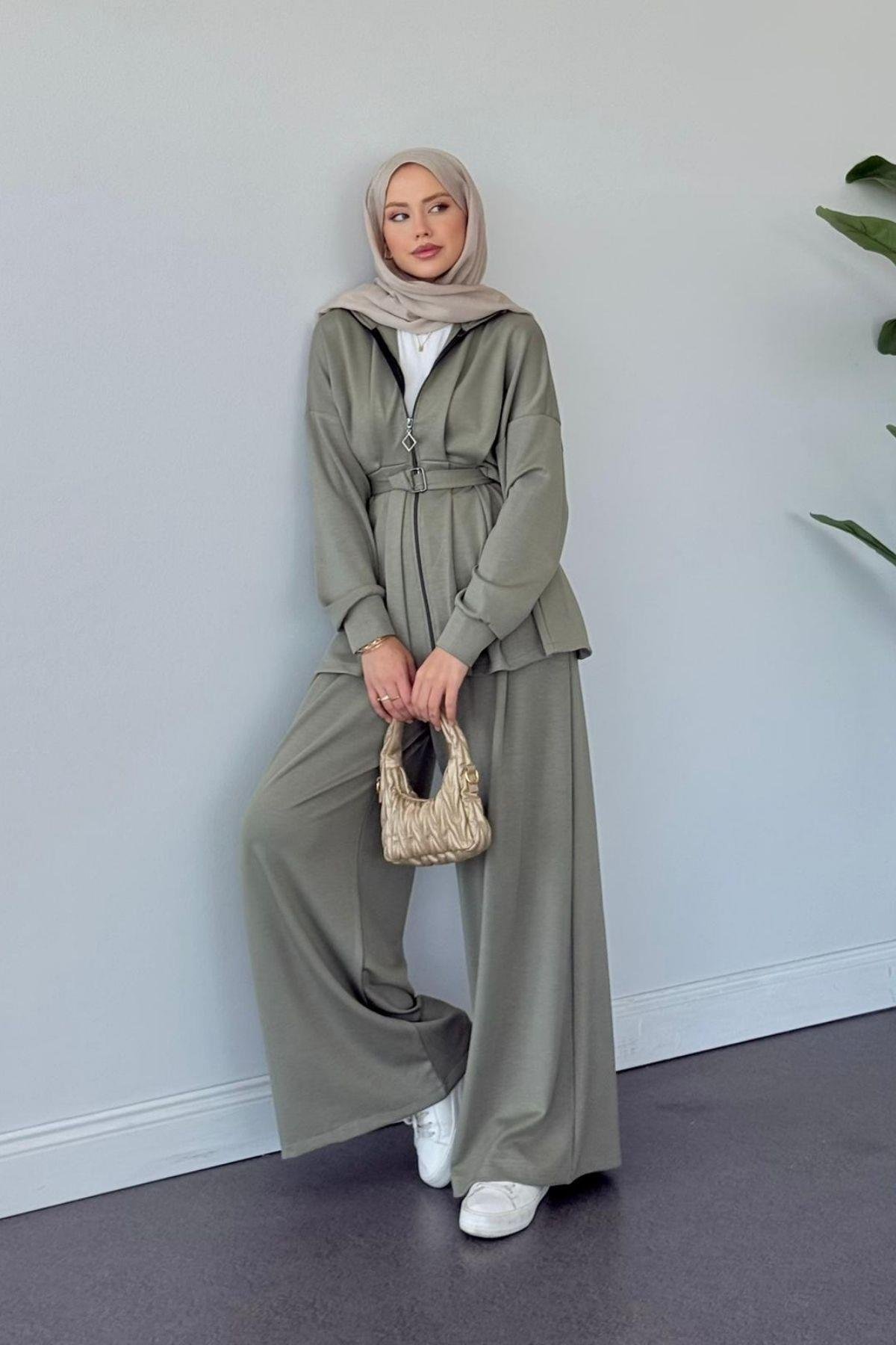 Hanna Pamuklu Pantolonlu Takım Haki , Fiyatları Hanna Pamuklu Pantolonlu Takım Haki  Haza Moda 