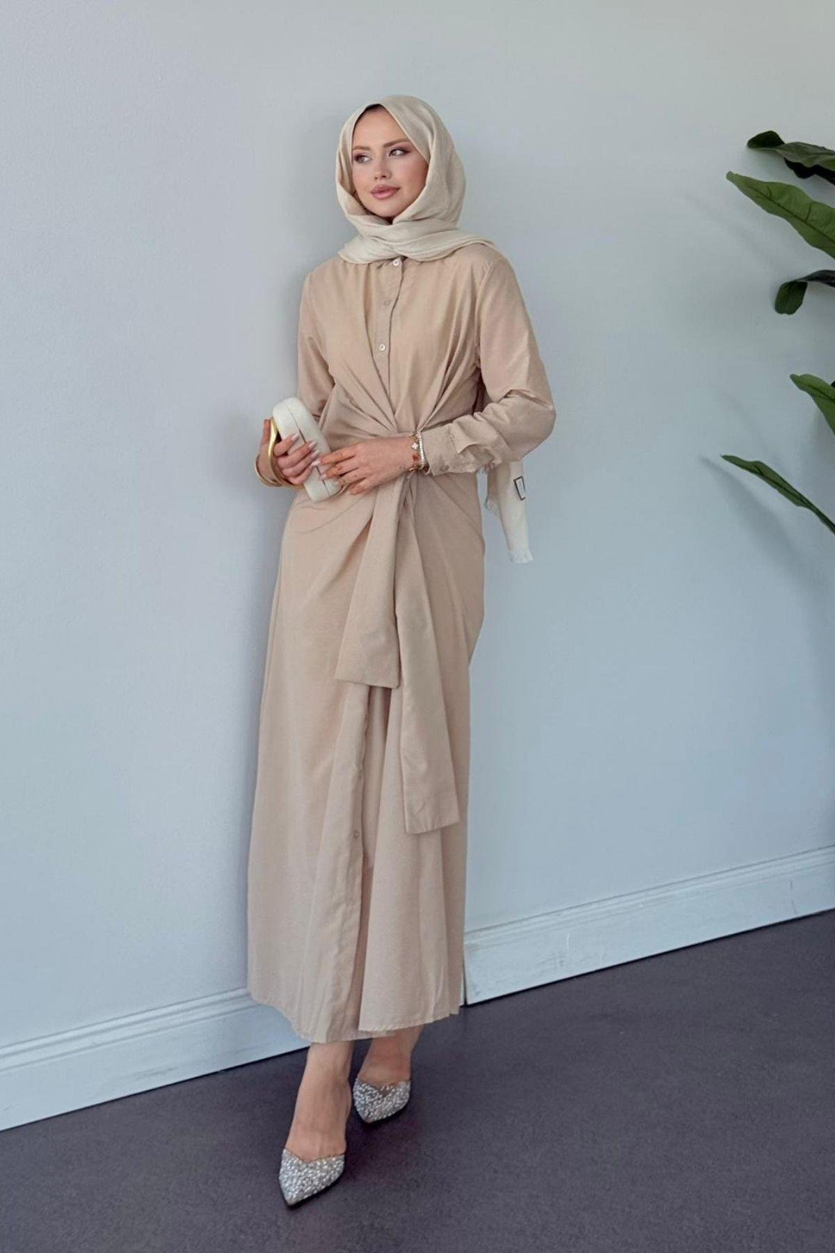 Happy Bağlamalı Elbise BEJ, Fiyatları Happy Bağlamalı Elbise Bej- Haza Moda